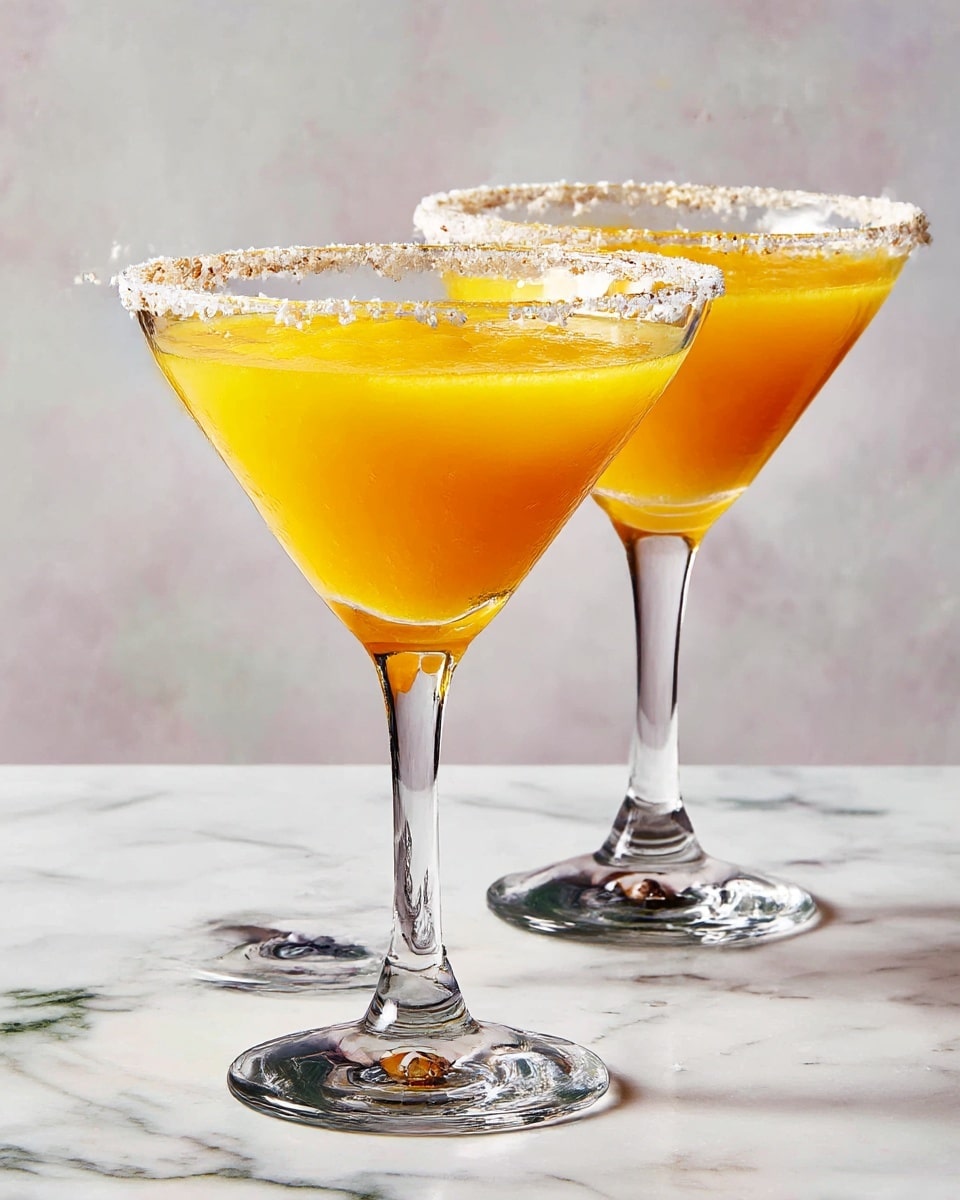 Two clear martini glasses filled with smooth, creamy orange-yellow liquid sit on a white marbled surface. Each glass has a rim coated with a sparkling white substance, creating a frosty contrast to the liquid inside. The background is dark, making the bright glasses and their content stand out sharply. The glasses have thin, long stems and flat round bases, with one glass in the foreground slightly closer and the other blurred behind it. photo taken with an iphone --ar 4:5 --v 7