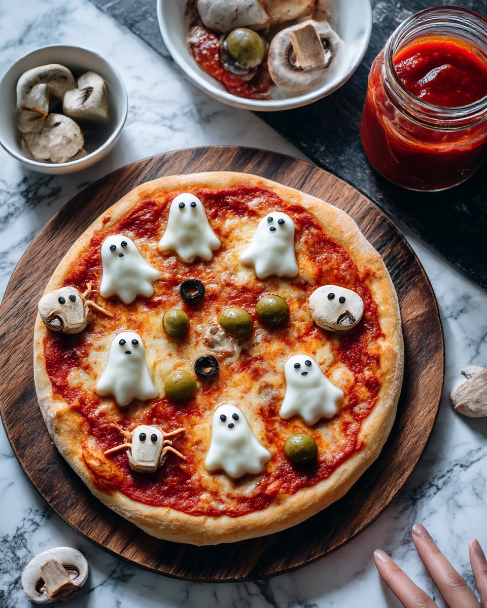 A round pizza on a wooden board with a golden brown crust, topped with a smooth red tomato sauce base spread evenly. On top, there are six small white ghost shapes made from melted cheese placed evenly around the pizza. There are five green olives arranged in pairs with small strips of something light brown like sticks, forming spider shapes. Three mushroom slices with small cutouts for eyes and mouth resembling scary faces are scattered around. A mix of green and black olives are spread between the decorations. The pizza is on a dark wooden surface with a jar of red tomato sauce and a white bowl holding more olives and mushrooms beside it, all on a white marbled texture. A woman's hand is reaching near the bottom right of the board. Photo taken with an iphone --ar 4:5 --v 7