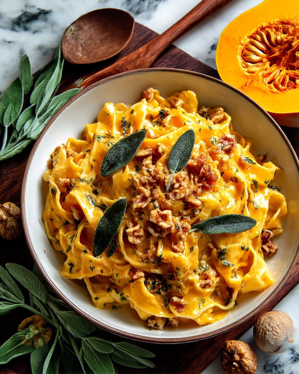 A round bowl filled with creamy, orange pumpkin pasta, covered with a sauce that makes the pasta look soft and smooth. On top, there are small dark green sage leaves and crushed light brown walnuts scattered evenly. The sauce looks thick and holds the pasta well. Around the bowl, on a dark wooden surface, there are fresh green sage leaves and whole walnut pieces. Also, a half pumpkin with bright orange flesh and seeds is seen on the side, next to a wooden spoon. The whole setting is on a white marbled texture. photo taken with an iphone --ar 4:5 --v 7