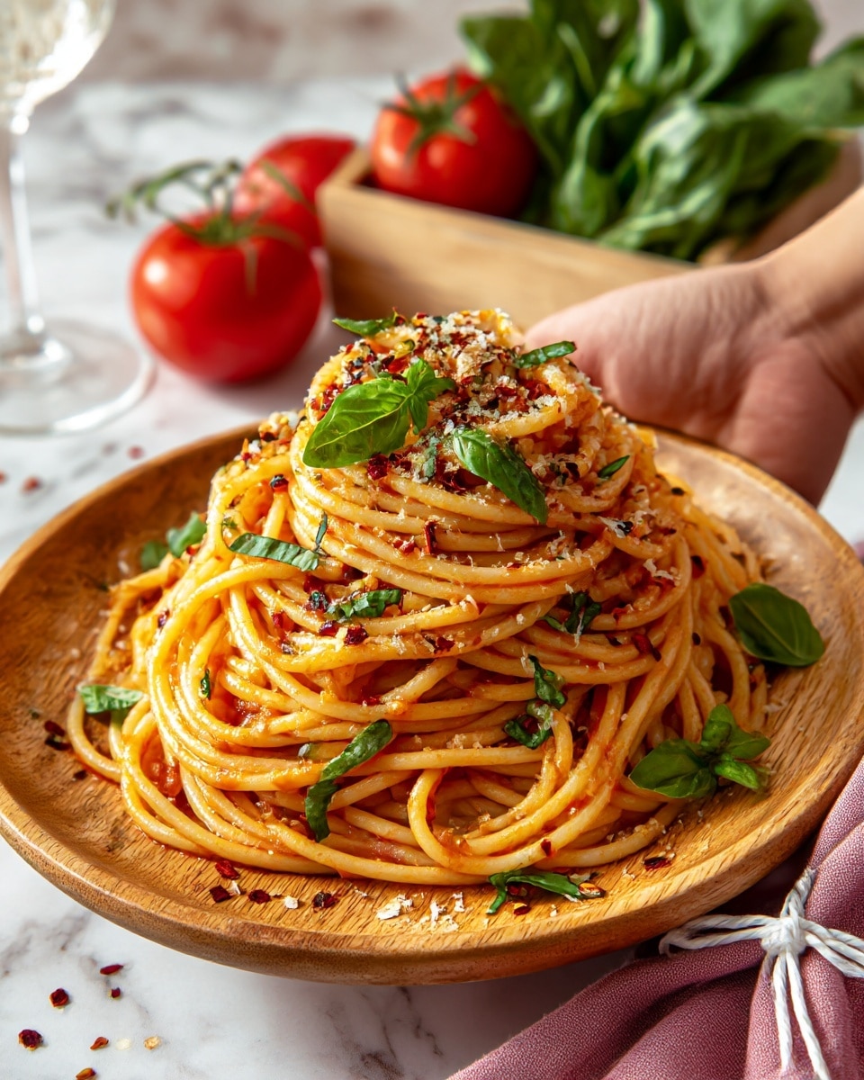 A round wooden plate filled with golden-yellow spaghetti noodles tossed in a red tomato-based sauce, sprinkled with small green basil leaves and light seasoning flakes. Around the plate, there are three bright red tomatoes, some leafy green lettuce inside a wooden box, and a gray cloth napkin with a wooden spoon resting on it. The surface under everything has a white marbled texture. Photo taken with an iphone --ar 4:5 --v 7