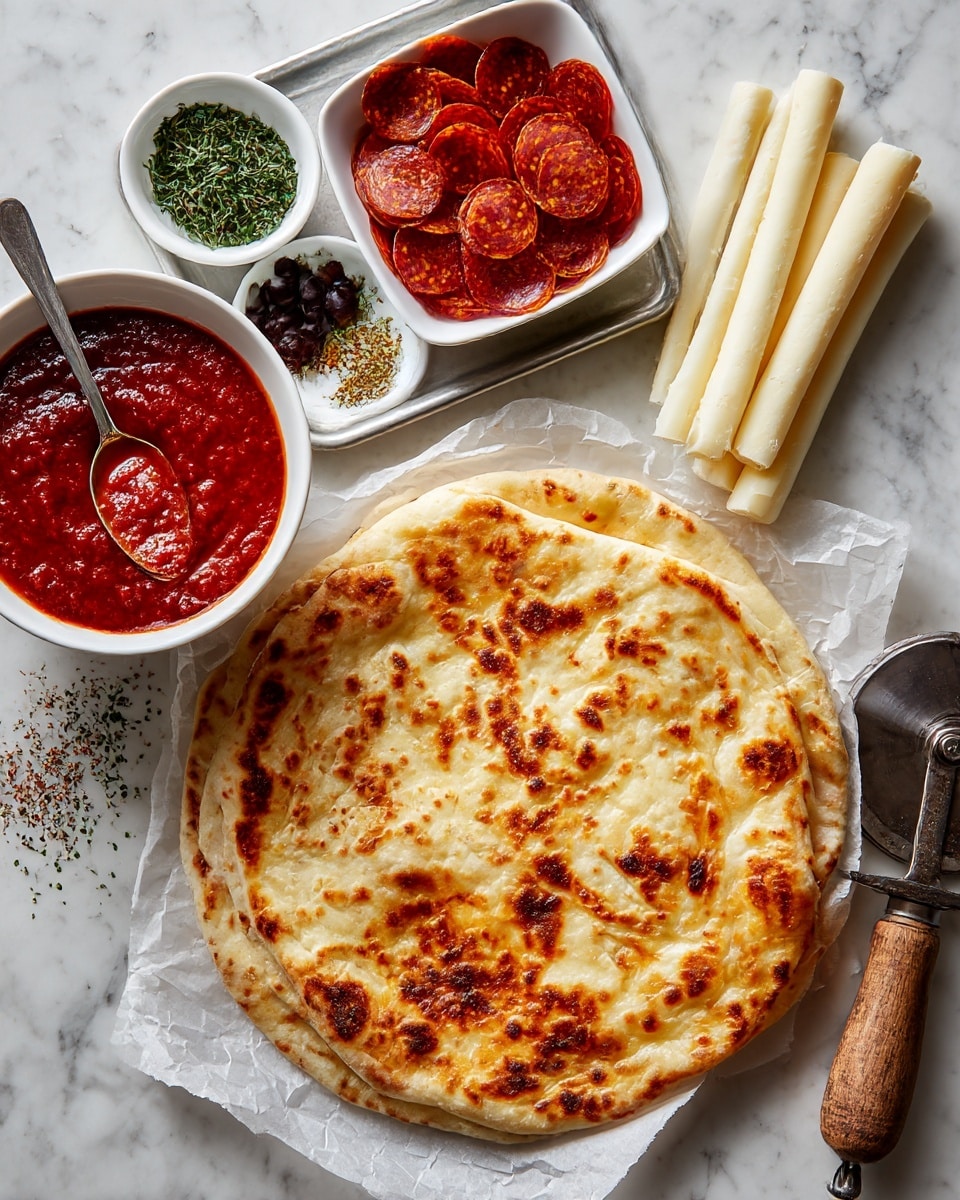 The image shows a flat round naan bread with a golden-brown toasted surface and soft texture, placed on white parchment paper over a white marbled surface. Next to it is a white bowl filled with thick red pizza sauce with a spoon inside. Above, there is a metal tray holding a white square bowl of red pepperoni slices, a small white bowl of green herbs and spices, another small white bowl with black olive slices, and four stick-like rolls of white cheese, all arranged neatly. On the right side of the image, there is an old-fashioned pizza cutter with a wooden handle. Photo taken with an iphone --ar 4:5 --v 7