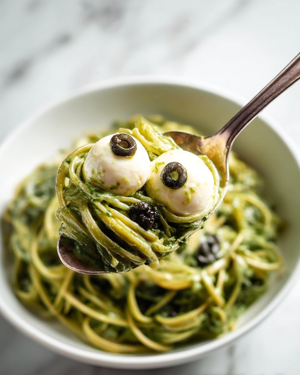 A white bowl full of small pasta pieces coated in bright green sauce fills the image. On top of the pasta, there are several small white pieces shaped like eyes, each with a small black circle in the center, giving the appearance of eyeballs. The bowl is placed on a surface with a white marbled texture, and two black olives are slightly out of focus nearby. Photo taken with an iphone --ar 4:5 --v 7