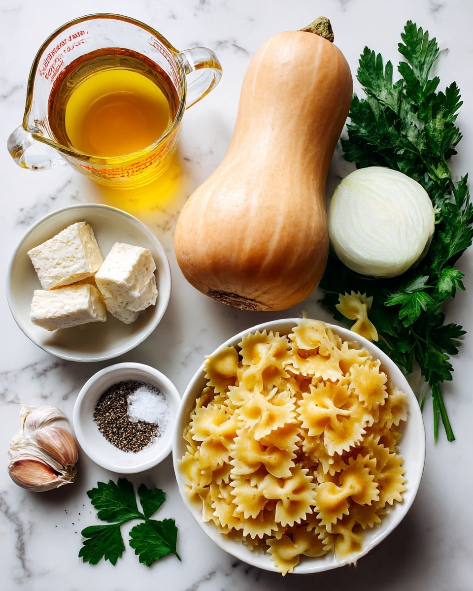 The image shows a group of ingredients on a white marbled surface. In the center is a whole butternut squash with a smooth, light orange skin. Above it to the right is half a white onion, and to the left is a small white bowl with olive oil. Next, to the far left is a clear glass measuring cup filled with light yellow broth. Below the cup is a small white bowl with three pieces of white cheese. To the right of the cheese is a bunch of dark green parsley leaves. Below the squash are three garlic cloves with pale beige skin. To the right of the squash is a white bowl full of uncooked bow-tie pasta in pale yellow. Below the pasta is a small white dish with salt and black pepper. A few parsley sprigs and leaves are scattered around the lower right corner. Photo taken with an iphone --ar 4:5 --v 7