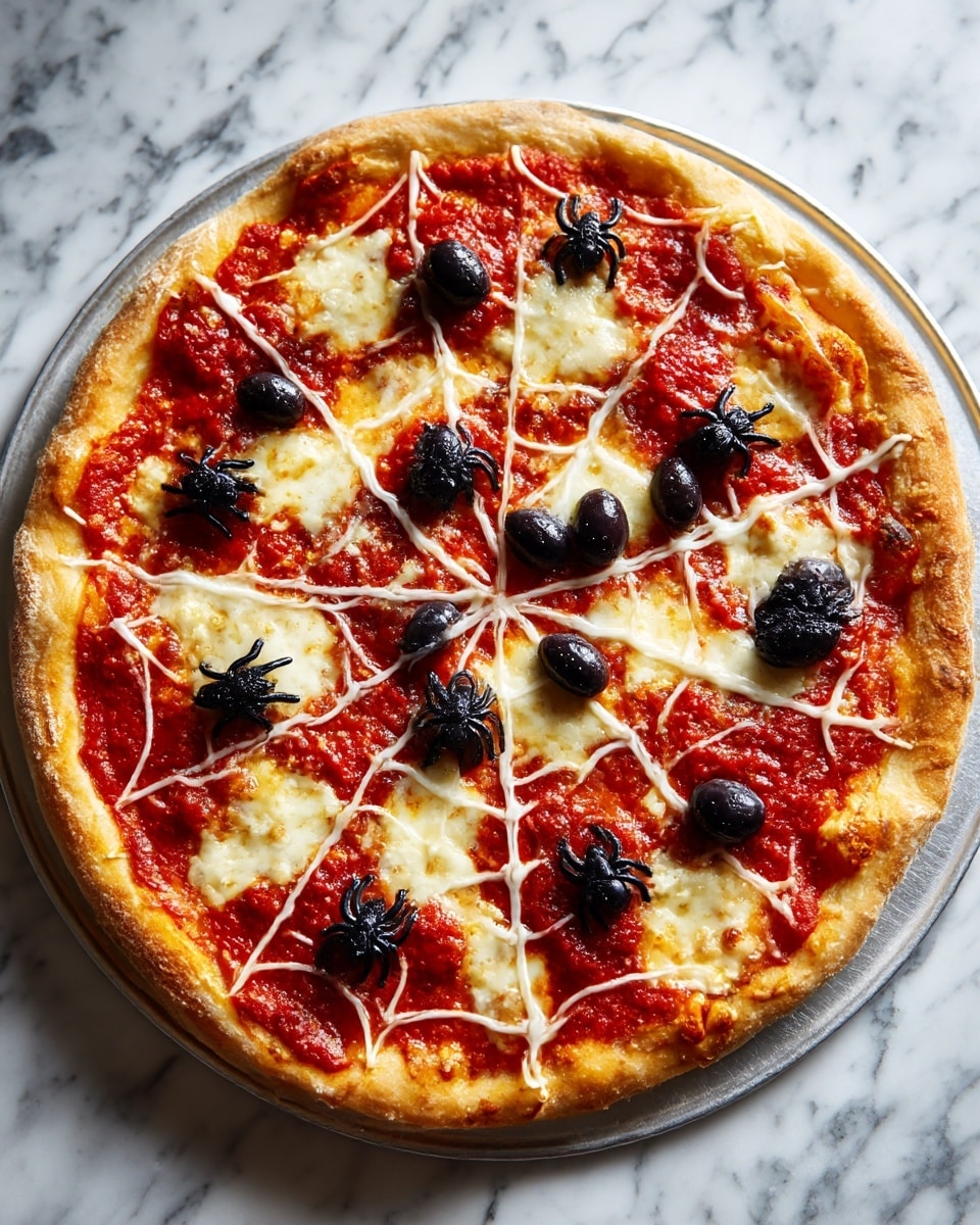 A round pizza with a thick, golden-brown crust sits on a metal pizza peel over a white marbled surface. The pizza has three main layers: a base of red tomato sauce, a layer of melted white cheese spread unevenly on top, and black olives cut and arranged to look like spiders with round bodies and legs, placed across the pizza. The texture of the crust is airy and slightly bubbly, while the cheese looks soft and creamy. Photo taken with an iphone --ar 4:5 --v 7
