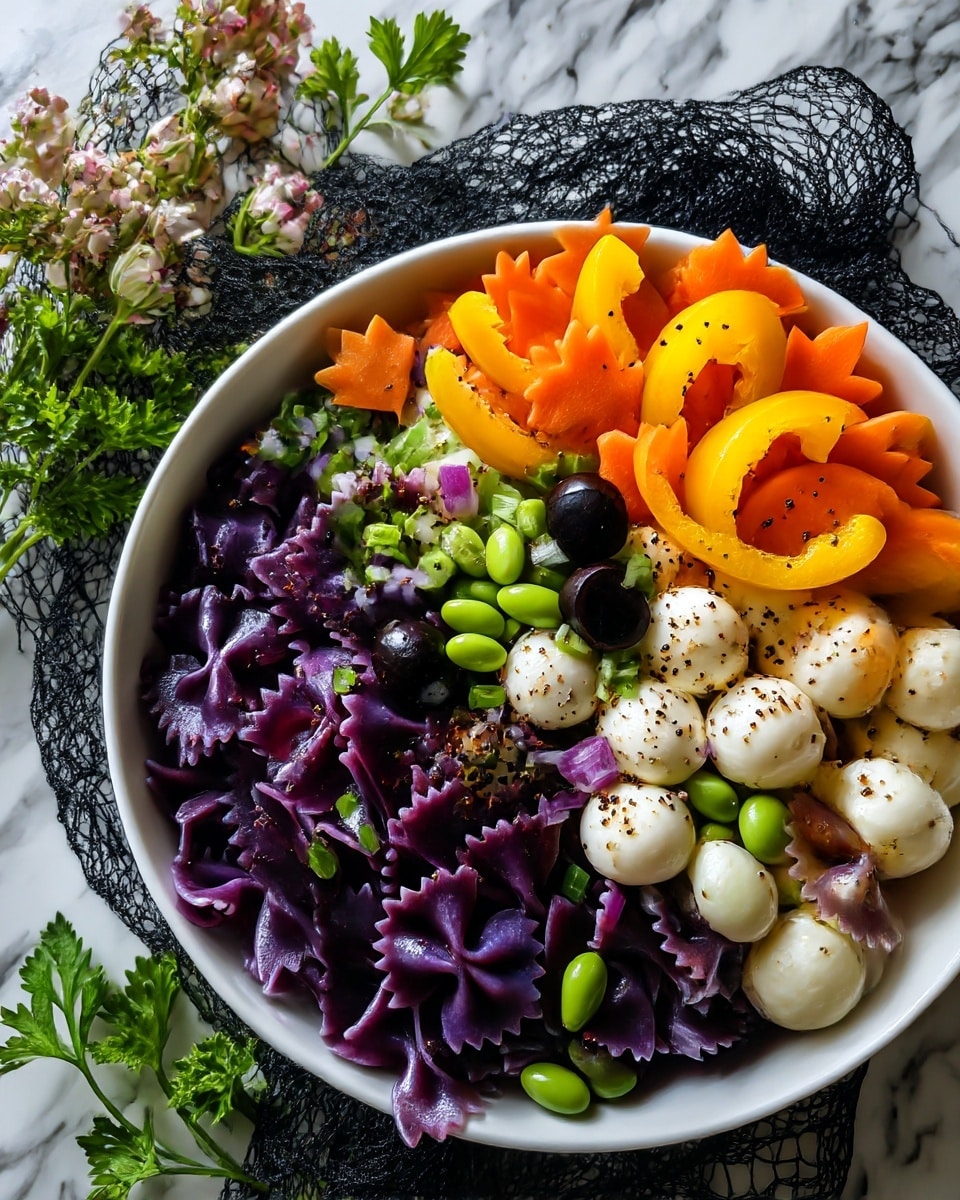A white bowl filled with vibrant purple bow-tie pasta as the base layer, topped with bright orange star-shaped carrot pieces and yellow crescent-shaped bell pepper slices scattered evenly. Small white round cheese balls and sliced black olives add contrast, while tiny green edamame beans and small diced red onions are sprinkled throughout for extra color and texture. The bowl sits on a white marbled surface with a dark textured cloth underneath, and a woman's hand holding a white utensil is partially visible on the left side of the bowl. photo taken with an iphone --ar 4:5 --v 7