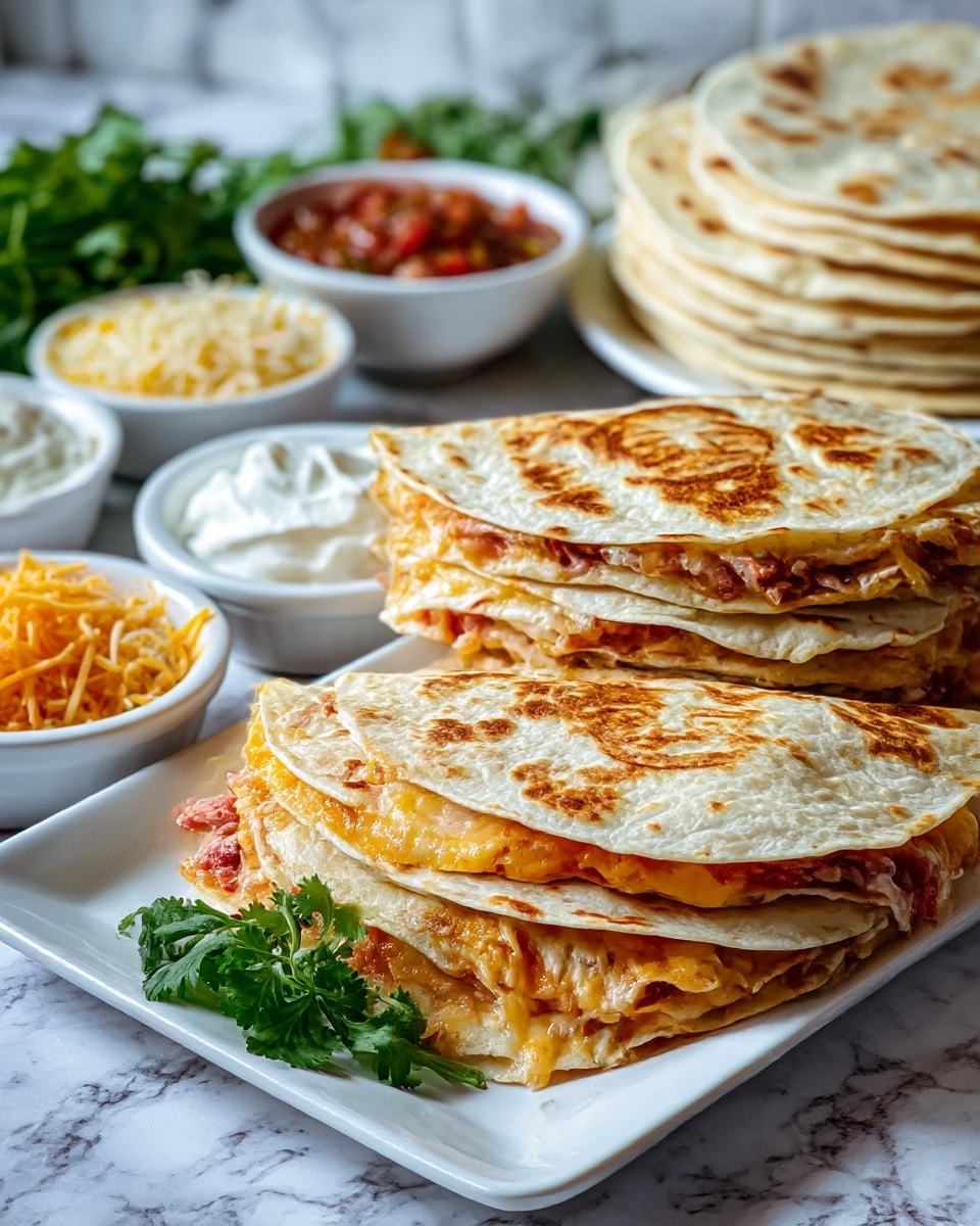 The image shows a white rectangular plate with three quesadillas stacked in two piles, each quesadilla having a toasted face design in a brownish-orange color on the top tortilla. The quesadillas are round and light beige with some darker brown spots from toasting. There are visible layers inside each quesadilla, including a light orange layer of melted cheese and possibly filling beneath the toasted top. On the side of the plate is a small sprig of fresh green cilantro. Surrounding the plate on a white marbled surface are small white bowls containing shredded yellow and white cheese, white sour cream, and chunky red salsa, along with a bunch of fresh green cilantro and some plain round white tortillas stacked in the background. The textures show a crisp and soft contrast on the quesadillas with melted filling inside. Photo taken with an iphone --ar 4:5 --v 7