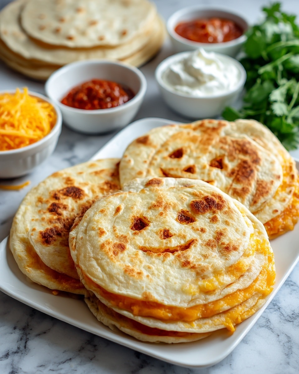 The image shows three round quesadillas stacked on a white rectangular plate on a white marbled surface. Each quesadilla has a pumpkin face design browned into the top tortilla with simple triangular eyes and a wide smile. The quesadillas have two layers: the top tortilla with the pumpkin face in light golden brown, and a slightly melted orange cheese layer that peeks out beneath the edges. To the back right of the plate, there are two small white bowls, one filled with red salsa and the other with white sour cream. To the back left is a small bowl of shredded yellow cheese and a bunch of fresh green cilantro leaves. Behind everything, a few soft white tortillas are stacked. The overall tone is warm with the light browns and orange cheese contrasted by fresh green herbs and clean white plates. photo taken with an iphone --ar 4:5 --v 7