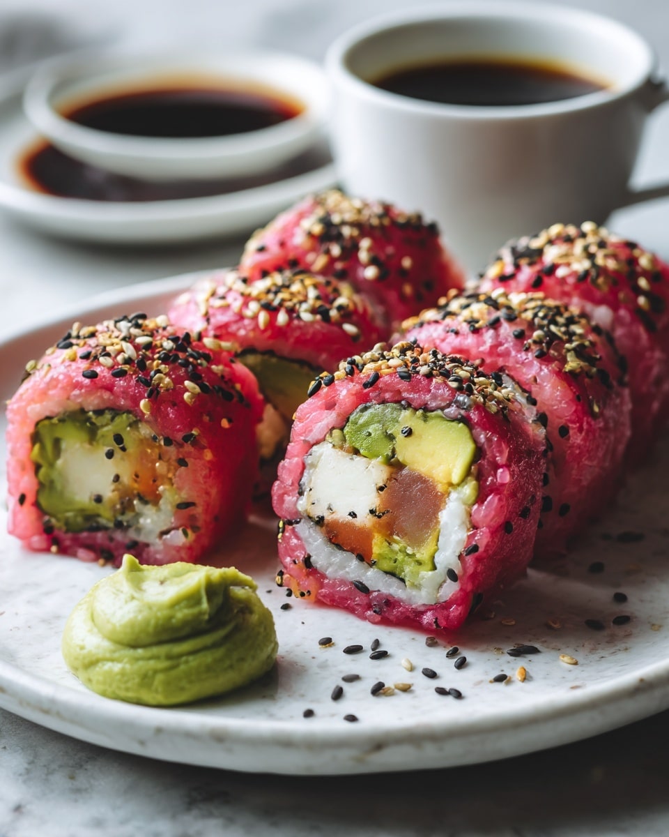 The image shows a white plate with several bright pink sushi rolls speckled with black sesame seeds on the outside. Each sushi roll has four visible layers inside: a white layer that looks like tofu, a thin orange layer that seems like carrot, a green layer that looks like cucumber, and a red layer resembling a pepper or another vegetable. On the plate, there is a smooth green sauce spread in a small oval shape near the sushi rolls, with one roll placed partially on the sauce. The plate sits on a white marbled surface, and there is a small white bowl with dark soy sauce on the right side of the image. Photo taken with an iphone --ar 4:5 --v 7