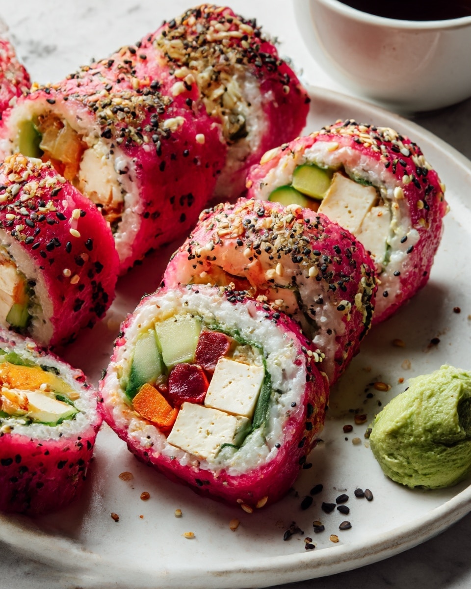 The image shows a white plate with a white marbled texture holding bright pink sushi rolls dotted with black sesame seeds. Each roll has three visible layers inside: a light beige piece at the center, surrounded by an orange layer next to a green layer, all wrapped by the vibrant pink outer rice layer. There is a smooth green dollop of wasabi on the plate near the sushi, with one sushi roll resting on top of it. Small black sesame seeds are scattered near the wasabi. In the background, a white cup filled with dark soy sauce is partially visible on the white marbled surface. Photo taken with an iphone --ar 4:5 --v 7