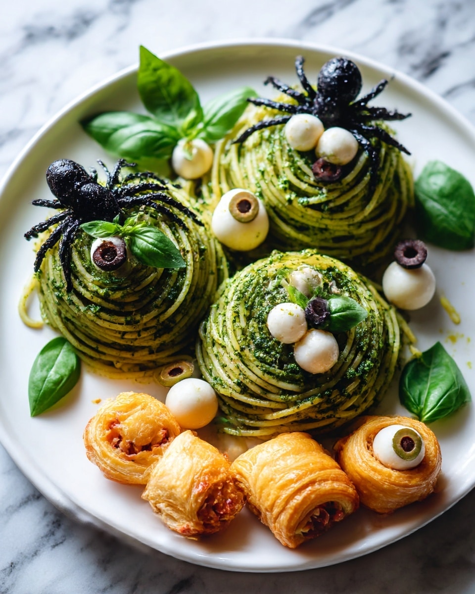 A white plate holds green spaghetti coated in pesto sauce, arranged in three round nests. On top of two nests are black olive spiders, with whole olive bodies and sliced olive legs. Around the pasta are small white mozzarella balls topped with olive slices making eyes. Bright green basil leaves are placed between the nests for decoration. At the edge of the plate, a few golden-brown puff pastry rolls with a meat filling are visible. The dish is set on a white marbled surface. photo taken with an iphone --ar 4:5 --v 7