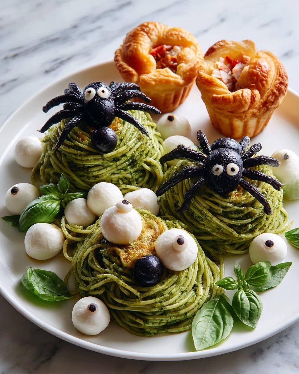 A white plate holds a mound of green spaghetti coated in pesto sauce arranged in three small nests. Two black olive spiders sit on top, made with whole black olives for the bodies and sliced olive legs spread around them. Around the spaghetti nests are small white mozzarella balls topped with half black olive slices to look like eyes. Bright green basil leaves are placed sporadically among the spaghetti. In the top right corner, two golden brown puff pastry cups filled with meat and small bits of red pepper sit on the plate. The plate rests on a white marbled surface. Photo taken with an iphone --ar 4:5 --v 7