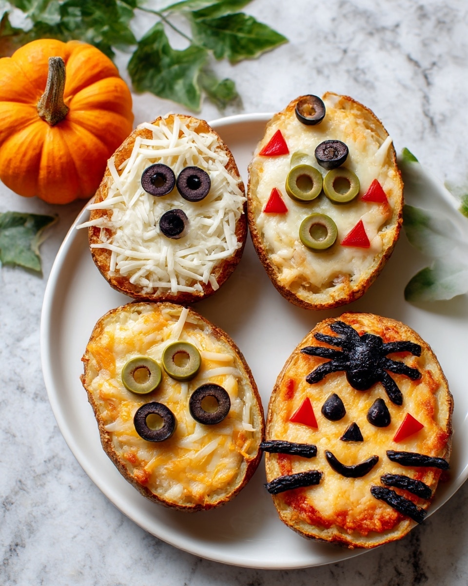 Two baked potato halves sit on a white plate over a white marbled surface. Each potato half is filled with melted white cheese on top, with the cheese slightly browned along the edges. One potato half has a playful face made with slices of black olives for the eyes and mouth, and red pepper pieces forming a smile. The other half is decorated with small triangle pieces of red pepper scattered on the melted cheese, giving it a simple and colorful look. The potatoes have a rough brown skin and appear cooked with a soft texture inside. photo taken with an iphone --ar 4:5 --v 7