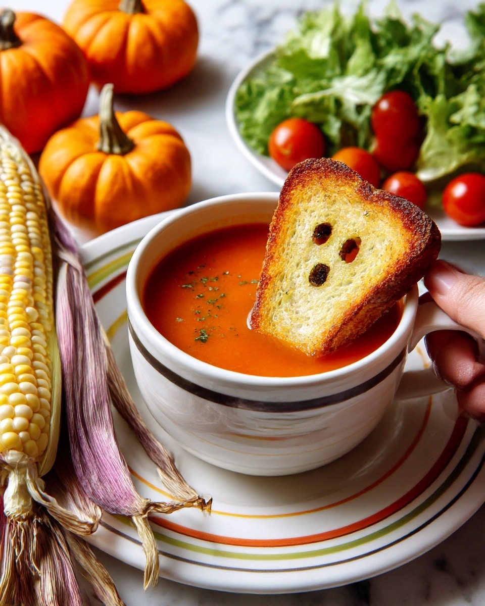 A white cup filled with smooth orange-red tomato soup sits on a white plate with colorful stripes and lines around the edge. Floating on top of the soup is a light golden-brown, crispy ghost-shaped piece of toast with two small dark eyes made from black peppercorns. To the left, there is an ear of multicolored corn with pale yellow, purple, and pink kernels, with some of its dried husks peeled back. In the background, there are small orange pumpkins and a plate of fresh green lettuce with red cherry tomatoes. All of this rests on a white marbled surface. Photo taken with an iphone --ar 4:5 --v 7