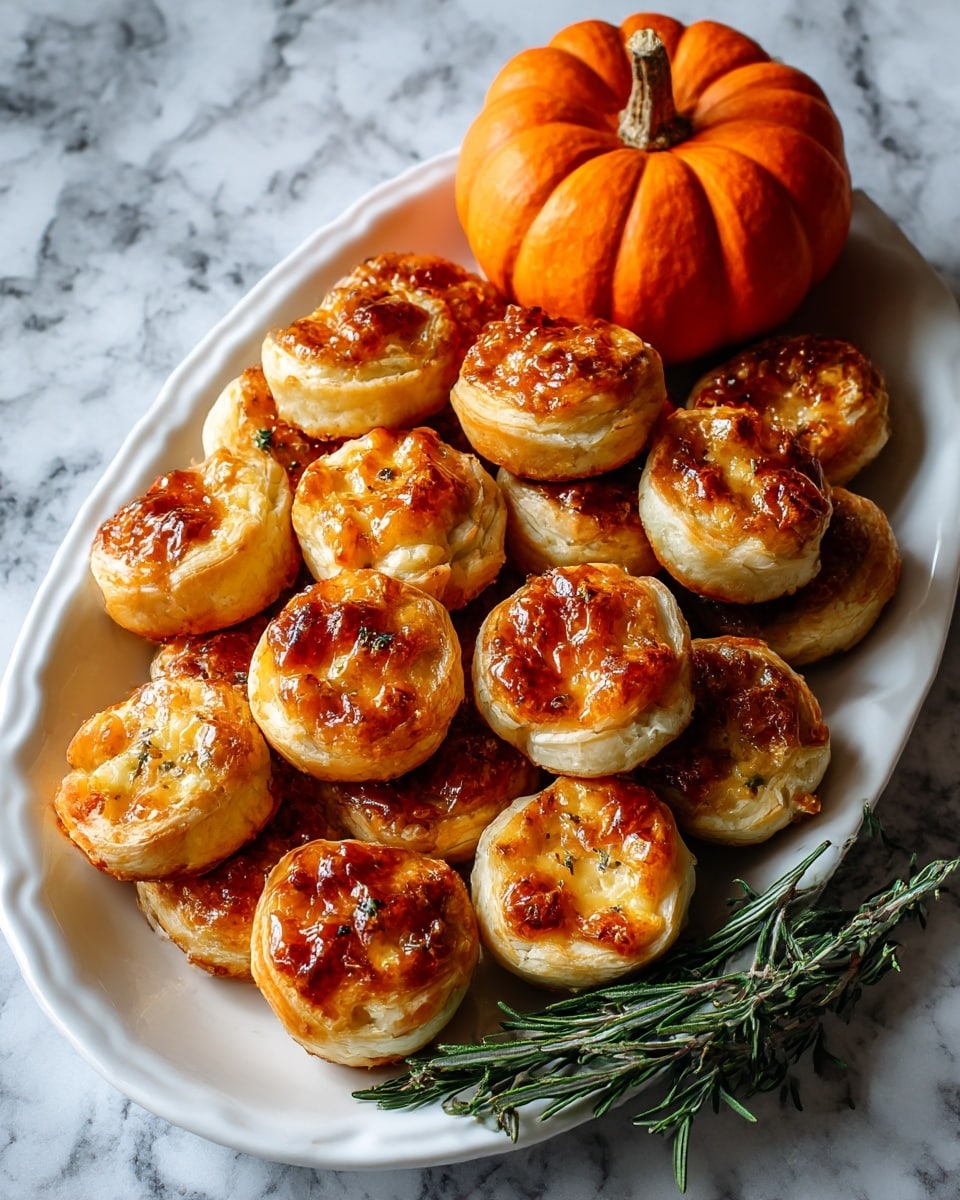 A white oval plate holds a stack of round, golden-brown mini pies with a shiny, slightly cracked top crust, each showing a small vent hole at the center. The pies have flaky layers and are arranged in a near-pyramid shape. A sprig of fresh green rosemary lies next to the pies on the plate’s edge. At the upper left corner of the image, there is a whole, bright orange persimmon fruit with a rough, dark brown stem, all placed on a white marbled surface. photo taken with an iphone --ar 4:5 --v 7