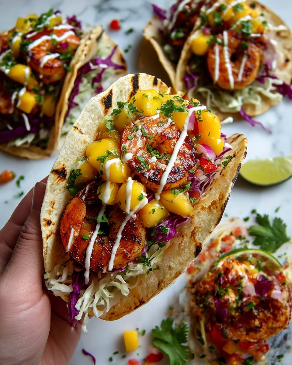 A close-up shows a woman's hand holding a grilled taco with four visible layers: the bottom layer is light shredded cabbage, above it a charred brown grilled shrimp, next is a bright yellow mango salsa mixed with red onion and red bell pepper pieces, topped with white drizzled sauce and finely chopped green herbs; in the background, a few more tacos with the same layers rest on a white marbled surface scattered with small bits of salsa and cilantro leaves. Photo taken with an iphone --ar 4:5 --v 7