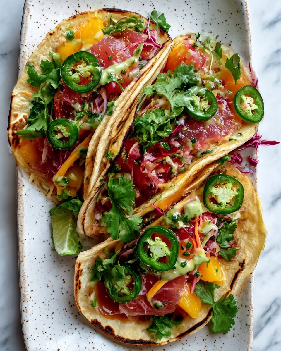 Three soft corn tortillas with slight char edges are placed side by side on a white speckled rectangular plate, which rests on a white marbled surface. Each tortilla holds a layer of pink cooked fish topped with a colorful mix of thinly sliced orange, yellow, and purple vegetables combined with fresh green cilantro and dressing. Thin green jalapeño slices are scattered on top, giving a fresh and spicy look. The overall color mix is warm with green highlights, showing a fresh and vibrant meal. photo taken with an iphone --ar 4:5 --v 7