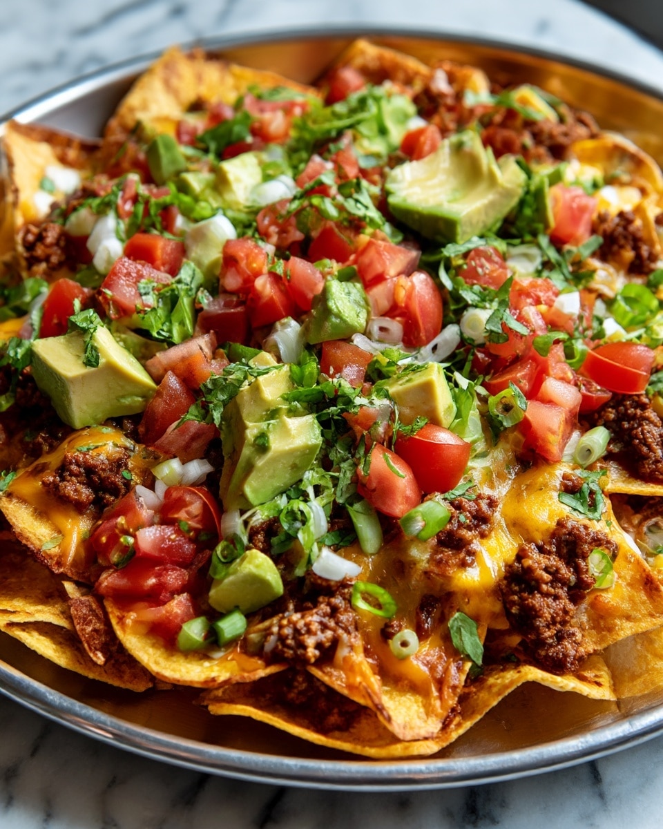 A tray filled with a layered dish that starts with yellow corn tortilla chips at the base, topped with melted cheese that is white and light orange, spread unevenly. On top of the cheese is a layer of cooked ground beef that looks brown and crumbly. Scattered over the beef are small bright yellow corn kernels and fresh red diced tomatoes. Green chopped scallions and chunks of light green avocado are spread on top, along with small bits of dark green cilantro leaves. The whole dish sits on a tray against a white marbled surface. photo taken with an iphone --ar 4:5 --v 7
