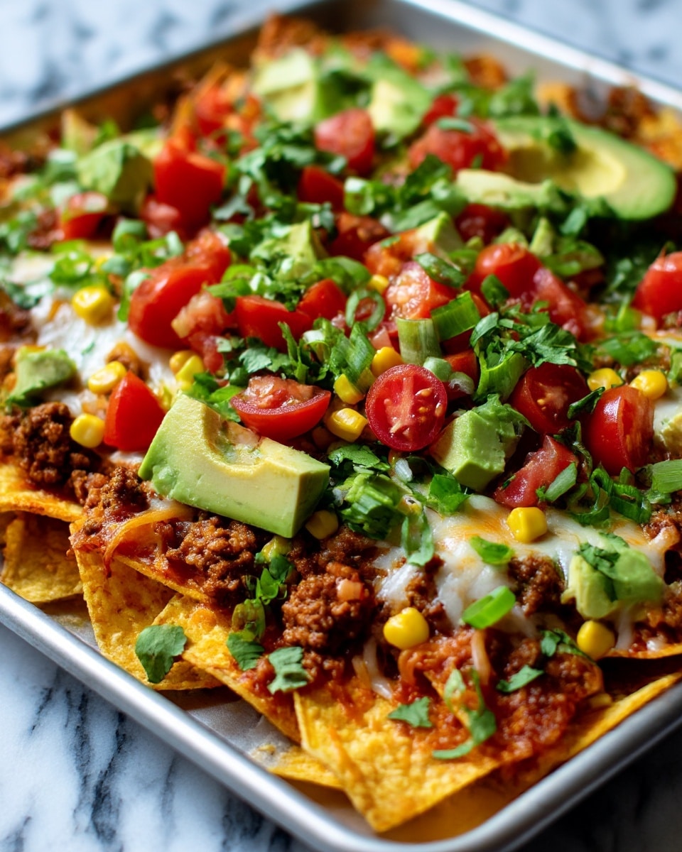 A large metal tray filled with several layers of crispy yellow corn chips forms the bottom base, topped with melted yellow and white cheese mixed with browned ground beef. Scattered in a colorful pattern across the dish are diced bright red tomatoes, chunks of green avocado, small pieces of fresh green herbs, and sliced green onions, adding fresh and vibrant colors. The tray sits on a smooth white marbled surface, and the close-up angle shows the textures clearly, from the crunch of chips to the softness of the avocado. photo taken with an iphone --ar 4:5 --v 7