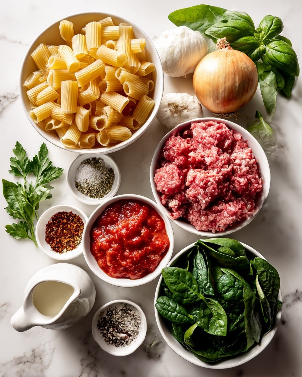 The image shows various ingredients arranged on a white marbled surface. At the top left, a white bowl is filled with uncooked, yellow rigatoni pasta. To the right, a whole yellow onion and a white garlic bulb sit close together. Near them, a small white bowl holds coarse salt and cracked black pepper. Below that, two small white bowls contain dried herbs—one with thyme and oregano, the other with crushed red pepper flakes. Below these bowls, a larger white bowl is filled with bright red crushed tomatoes with visible texture. To the left, another white bowl holds fresh ground beef, its pinkish-red lumps clearly defined. At the bottom right, a white bowl is full of fresh dark green spinach leaves. Near the bottom center, a small white jug holds cream. On the left edge, fresh green parsley and basil leaves are placed. The whole setting is viewed from above and lit softly, photo taken with an iphone --ar 4:5 --v 7