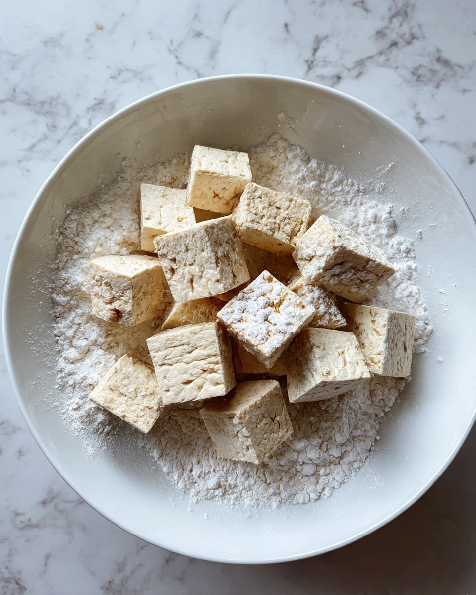 Inside a large white bowl, there are several pieces of beige tofu cut into small cubes. The tofu cubes show a slightly rough texture and they are sprinkled with a light dusting of white flour that also covers the bottom and sides of the bowl. The bowl is placed on a white marbled surface. photo taken with an iphone --ar 4:5 --v 7