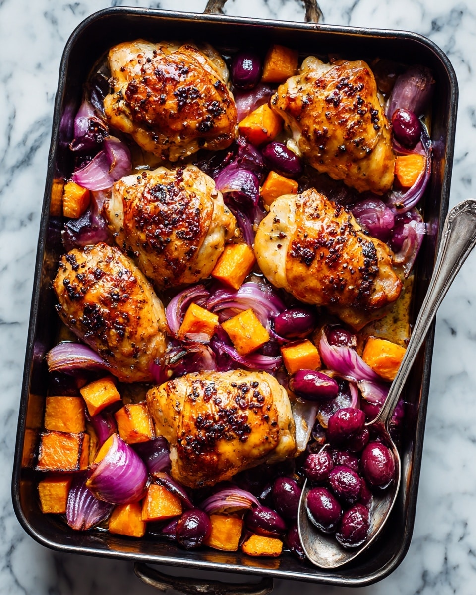 The image shows a black roasting pan filled with five pieces of roasted chicken with golden-brown skin sprinkled with dark seeds or spices. Around the chicken pieces are small cubes of light orange sweet potatoes and thin slices of purple-red onions, all roasted until soft with slight char marks. A silver spoon rests on the right side of the pan holding some sweet potato cubes and dark grapes or olives. The roasting pan is placed on a white marbled surface. photo taken with an iphone --ar 4:5 --v 7
