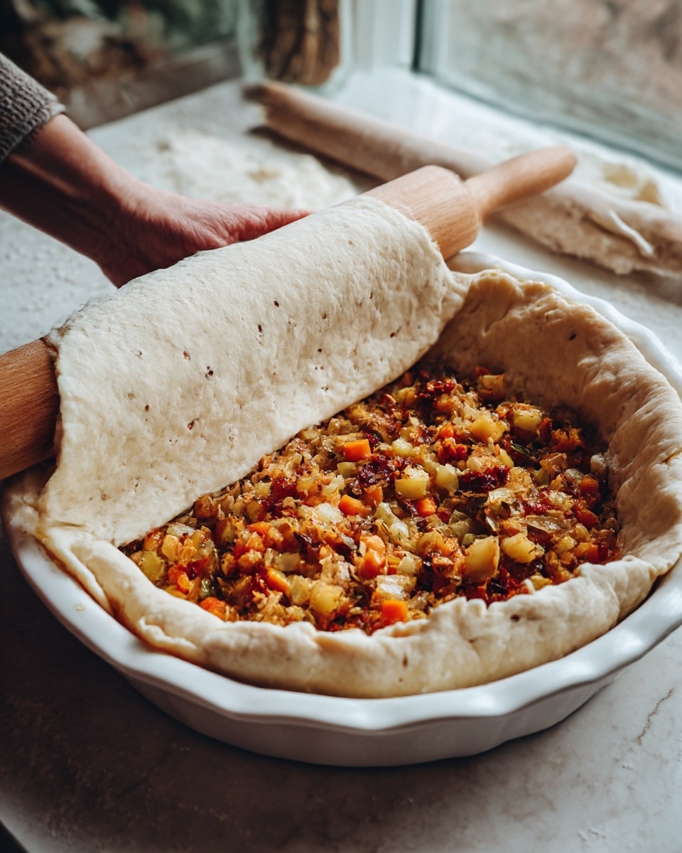 A white pie dish on a white marbled surface holds a mix of cooked vegetables in warm colors, including orange, yellow, and brown pieces, layered at the bottom. A thick, pale dough with visible small specks is being rolled out over the dish using a wooden rolling pin, held by a woman's hand on the left side. The dough is thick and covers the filling partially, showing its rough texture. The background shows a slightly blurred kitchen setting with soft natural light. Photo taken with an iphone --ar 4:5 --v 7