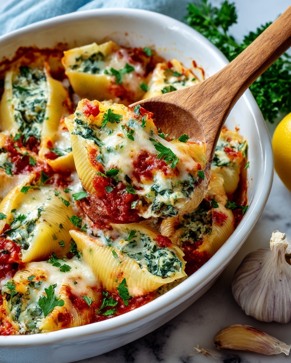 This image shows a white baking dish filled with large pasta shells stuffed with a green and white creamy spinach filling, layered closely together. The shells are covered in red tomato sauce dotted with bits of tomato, and topped with melted white cheese that is bubbling and slightly browned in places. Bright green chopped herbs are sprinkled evenly across the dish. A wooden spoon is scooping out a portion of the pasta shells, lifting them from the bottom right corner. The dish is set on a white marbled surface with fresh green parsley and a whole lemon nearby. Photo taken with an iphone --ar 4:5 --v 7