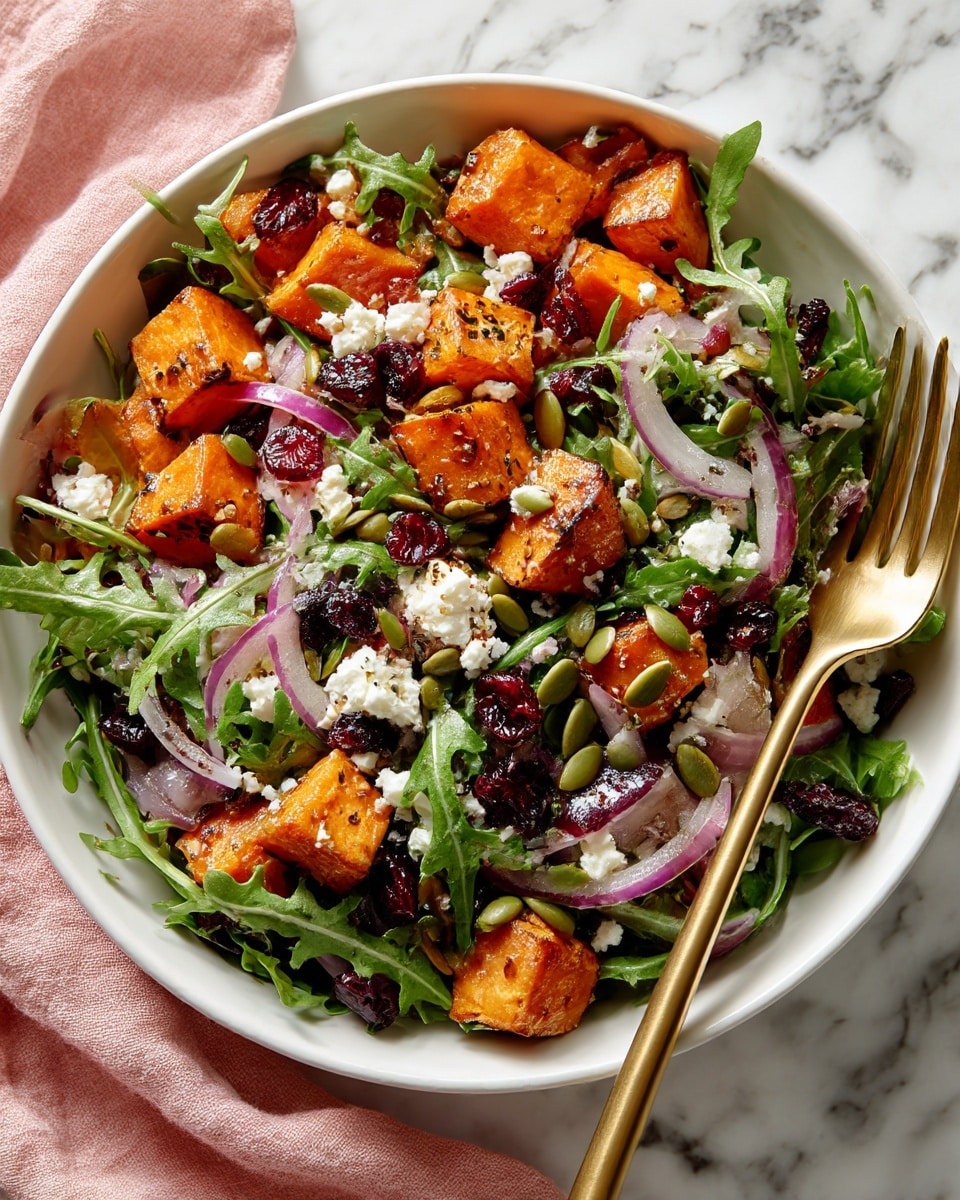 A fresh salad is shown on a white plate with a white marbled background. The base layer is made of green spinach leaves mixed with some darker leafy greens. On top, there is a layer of small orange cubes which look like roasted squash or pumpkin. Scattered around are pieces of red and yellow apple chunks with skin on. There are also dried red cranberries and small clusters of white crumbly cheese sprinkled all over. Some brown pecans are placed throughout the salad for texture. A golden spoon and fork rest on the plate’s right side, partially under the salad. Photo taken with an iphone --ar 4:5 --v 7