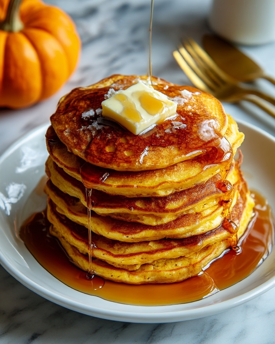 A stack of seven thick, golden-orange pancakes sits centered on a white plate, each pancake showing a soft, slightly fluffy texture with light browning on the edges. A small square of butter rests on top of the stack, melting slightly as dark amber syrup is poured over it, running down the sides in glossy streams. The plate is placed on a white marbled surface with a blurred large orange pumpkin in the background. A pair of gold cutlery lies next to the plate. photo taken with an iphone --ar 4:5 --v 7