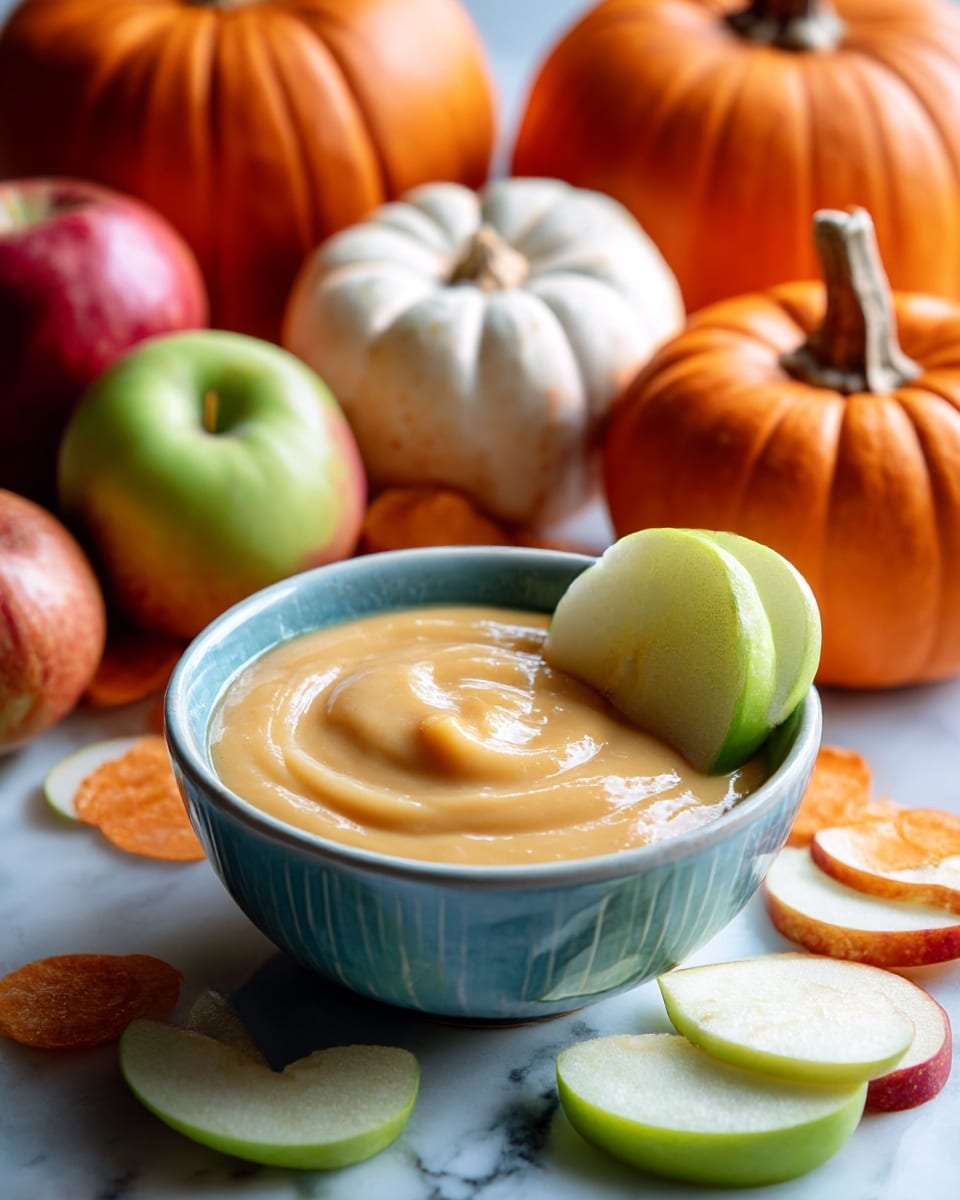 A blue bowl filled with smooth, light tan creamy sauce sits in the center on a white marbled surface. A green apple slice is dipped halfway into the sauce, resting on the side of the bowl. Around the bowl, there are whole apples in red and green colors and some thin apple slices scattered on the surface. In the background, two orange pumpkins are visible, adding a warm fall feel to the scene. photo taken with an iphone --ar 4:5 --v 7