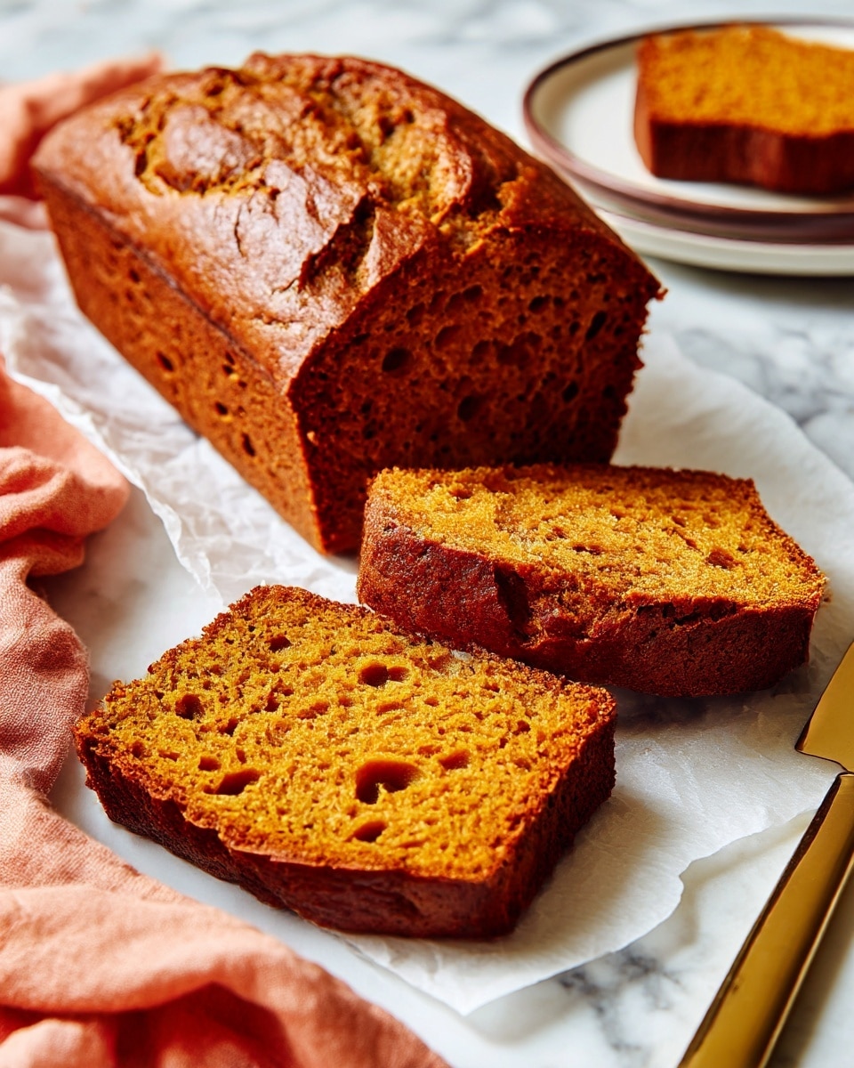 A loaf of brown cake sits on a large white oval plate, topped with a thick layer of creamy light beige icing that drips down the sides unevenly. The cake has a soft, slightly rough texture with cracks on top showing a moist inside. On the right side of the plate, there is a silver cake server with cut-out patterns. Around the plate on a white marbled surface, there are two small orange pumpkins, three metal measuring scoops with wooden handles, a round brass measuring cup, a clear textured glass cup, a white square baking dish, and a stack of white plates with black rims. A pink cloth napkin lies near the cake server. photo taken with an iphone --ar 4:5 --v 7