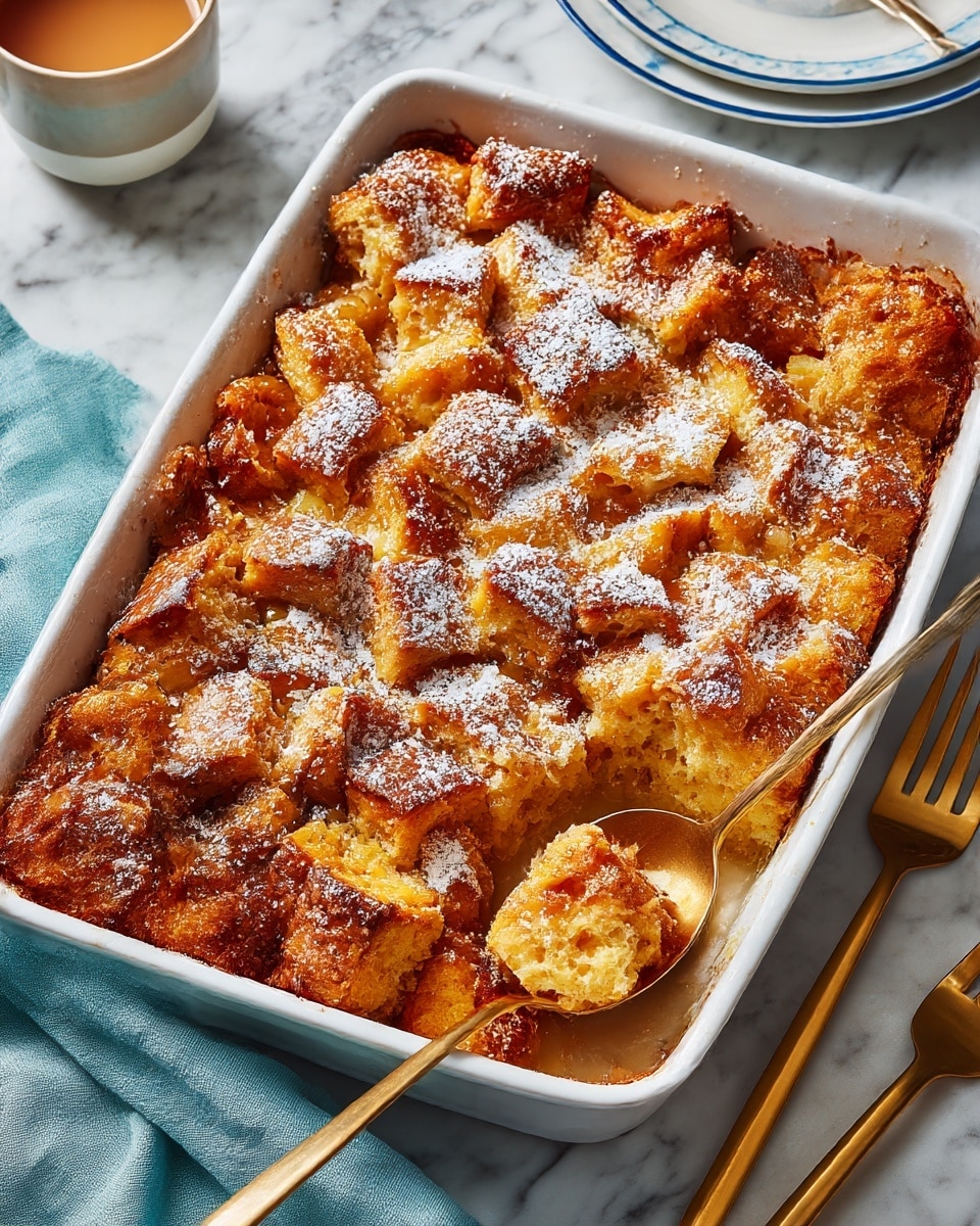 A white rectangular baking dish filled with a warm brown baked bread pudding, made of many small cubed pieces of bread closely packed in layers. The top layer is dusted lightly with white powdered sugar giving a soft contrast to the golden brown color of the cubes. One portion is being served with a gold spoon from the bottom right corner, showing a soft and spongy inside texture. The dish sits on a white marbled surface, with a gold fork and knife placed nearby on the right side, and a light blue cloth napkin on the left. A small cup with a light brown liquid is partially visible in the upper left corner, and a white plate with a blue rim is seen on the upper right side. Photo taken with an iphone --ar 4:5 --v 7