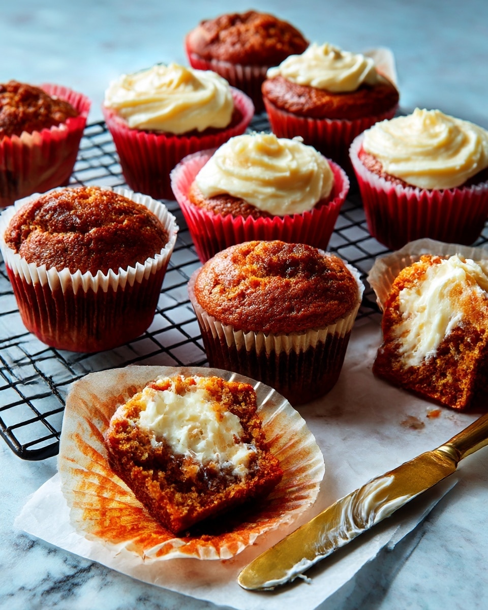 The image shows a stack of three brown cupcakes with textured, slightly crumbly surfaces and white cream cheese frosting between each layer. The top cupcake is bitten in half, revealing a soft, moist inside with a layer of white frosting on top. The cupcakes have ridged paper liners, and the stack is placed on a white marbled texture. In the background, there is a blurred red cupcake liner and a metal cooling rack, with a golden knife lying flat on the surface nearby. photo taken with an iphone --ar 4:5 --v 7