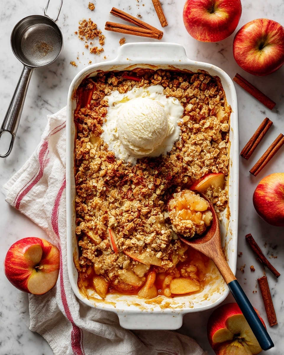 This image shows a white rectangular baking dish filled with a golden-brown apple crumble. The crumble layer on top looks crumbly and crunchy, covering a layer of soft, warm, cubed apple pieces seen near the corner. On top of the crumble in the center is a scoop of white ice cream gently melting onto the dessert. A wooden spoon is resting inside the dish, scooping some apple crumble from the corner. The dish is placed on a white marbled surface with several whole apples around it and cinnamon sticks scattered nearby. A white cloth with red stripes sits to the side, along with metal measuring cups. Photo taken with an iphone --ar 4:5 --v 7