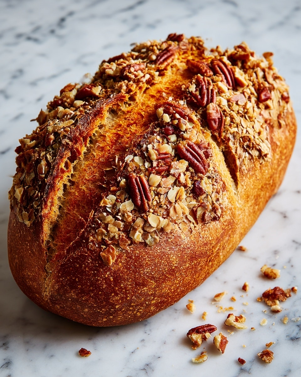 The image shows a whole loaf of brown bread topped with a generous layer of chopped pecan nuts, giving a rough and crunchy texture to the surface. The bread has a golden-brown color with a slightly cracked top, showing its soft inside beneath a firm crust. It is placed directly on a white marbled surface, with some crumbs scattered around, adding a natural and fresh look. The loaf is rectangular with rounded edges and looks freshly baked with a warm and inviting appearance. photo taken with an iphone --ar 4:5 --v 7