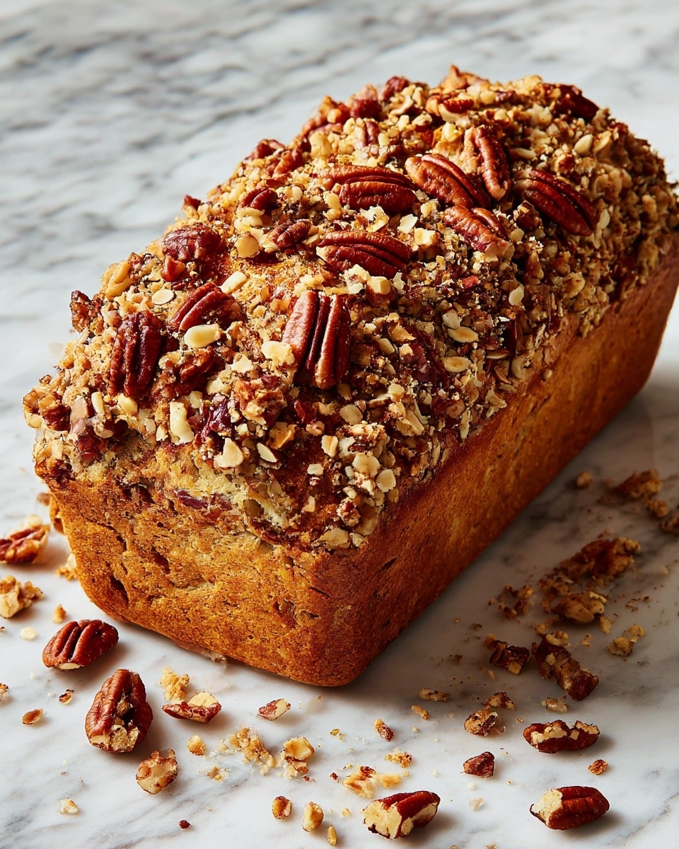 A single loaf of bread with a rough, golden-brown crust is covered evenly with chopped pecans on top, giving it a crunchy texture. The bread has a crack running down the center, showing a slightly lighter brown inside. It rests directly on a white marbled surface with a few small crumbs scattered nearby. The overall look is warm and rustic. photo taken with an iphone --ar 4:5 --v 7