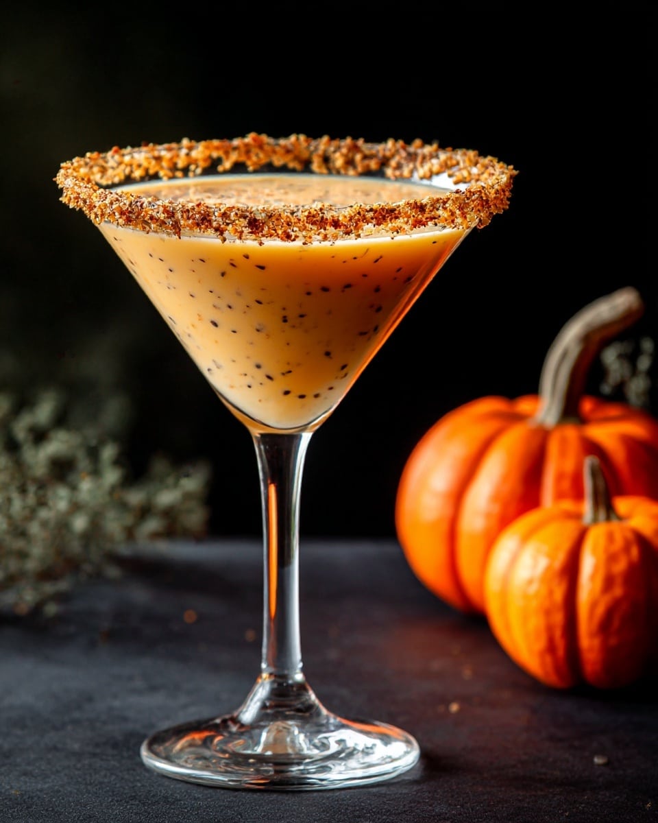 A tall, clear cocktail glass filled with a smooth, light brown drink with tiny specks inside, topped with a crumbly golden rim. The glass stands on a black surface next to a small, round orange pumpkin and a small pile of ground orange spice. A crumpled white cloth is partially visible on the left side, all set against a dark background. photo taken with an iphone --ar 4:5 --v 7