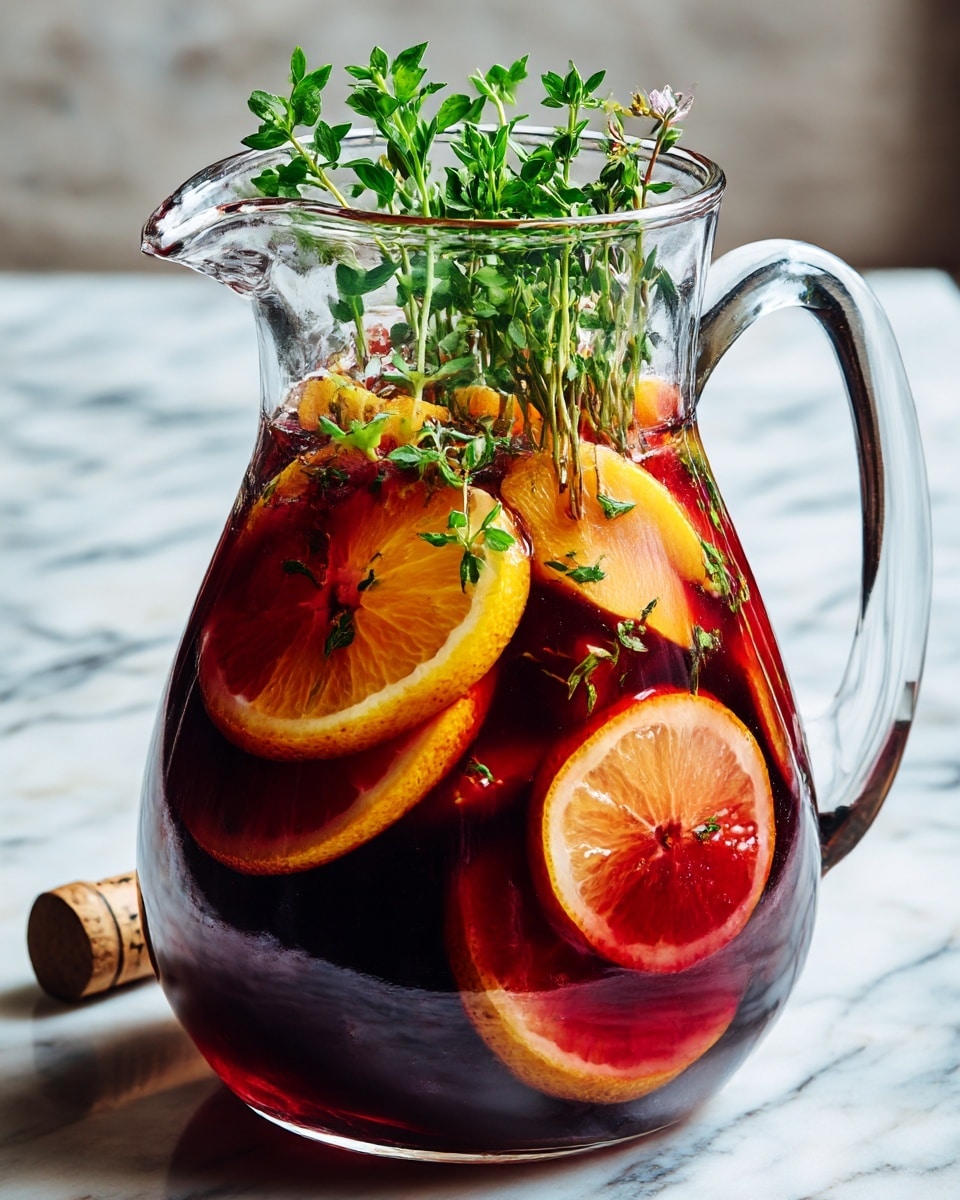 The image shows a clear textured glass filled with a dark red drink, layered over a lighter amber liquid at the bottom, creating a two-tone effect. Inside the glass, there is a cinnamon stick standing upright, half-immersed in the drink, and a bright orange peel curled above it. On top, a small green sprig of rosemary adds a fresh contrast. In the background, there is another similar glass and a large clear glass pitcher filled with the same dark liquid and orange peels. The scene is set on a white marbled surface with bright natural light coming from the side. photo taken with an iphone --ar 4:5 --v 7