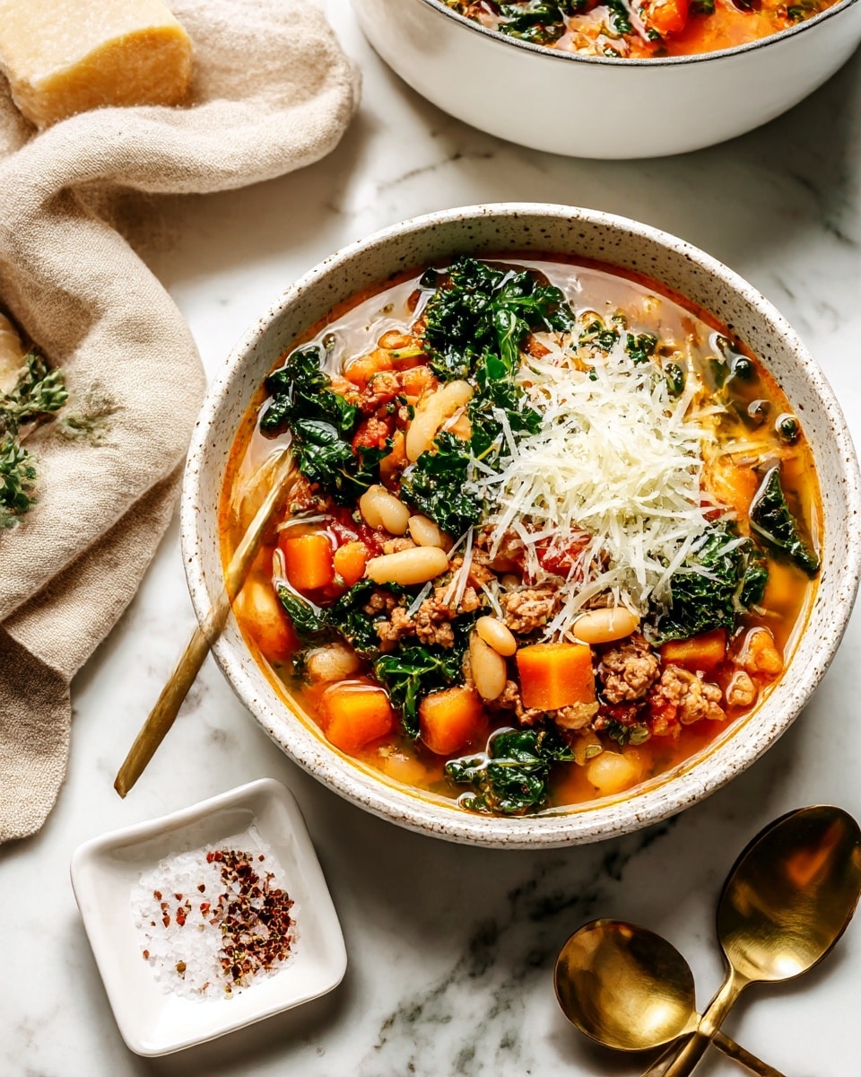 A speckled white bowl filled with a thick soup showing four main layers: an orange broth base with tender diced orange vegetables, small white beans, and bits of cooked ground meat, topped with bright dark green leafy kale pieces, finished with a generous layer of finely shredded white cheese sitting on top. A long gold spoon rests in the bowl, leaning on the left side. Nearby is a white square dish holding coarse salt and a small gold spoon, all placed on a white marbled surface, along with a beige cloth and a large white bowl filled with more soup in the top left corner. Photo taken with an iphone --ar 4:5 --v 7