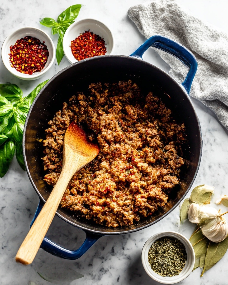 Inside a large black pot with blue handles, there is one layer of cooked ground meat that is light brown with some crispy darker brown spots. A wooden spoon rests on the meat, angled toward the left side. Around the pot, on a white marbled surface, are small white bowls filled with red pepper flakes, chopped garlic, and dried herbs. Fresh green basil leaves are scattered near the top left and a light gray cloth is placed near the top right. Photo taken with an iphone --ar 4:5 --v 7