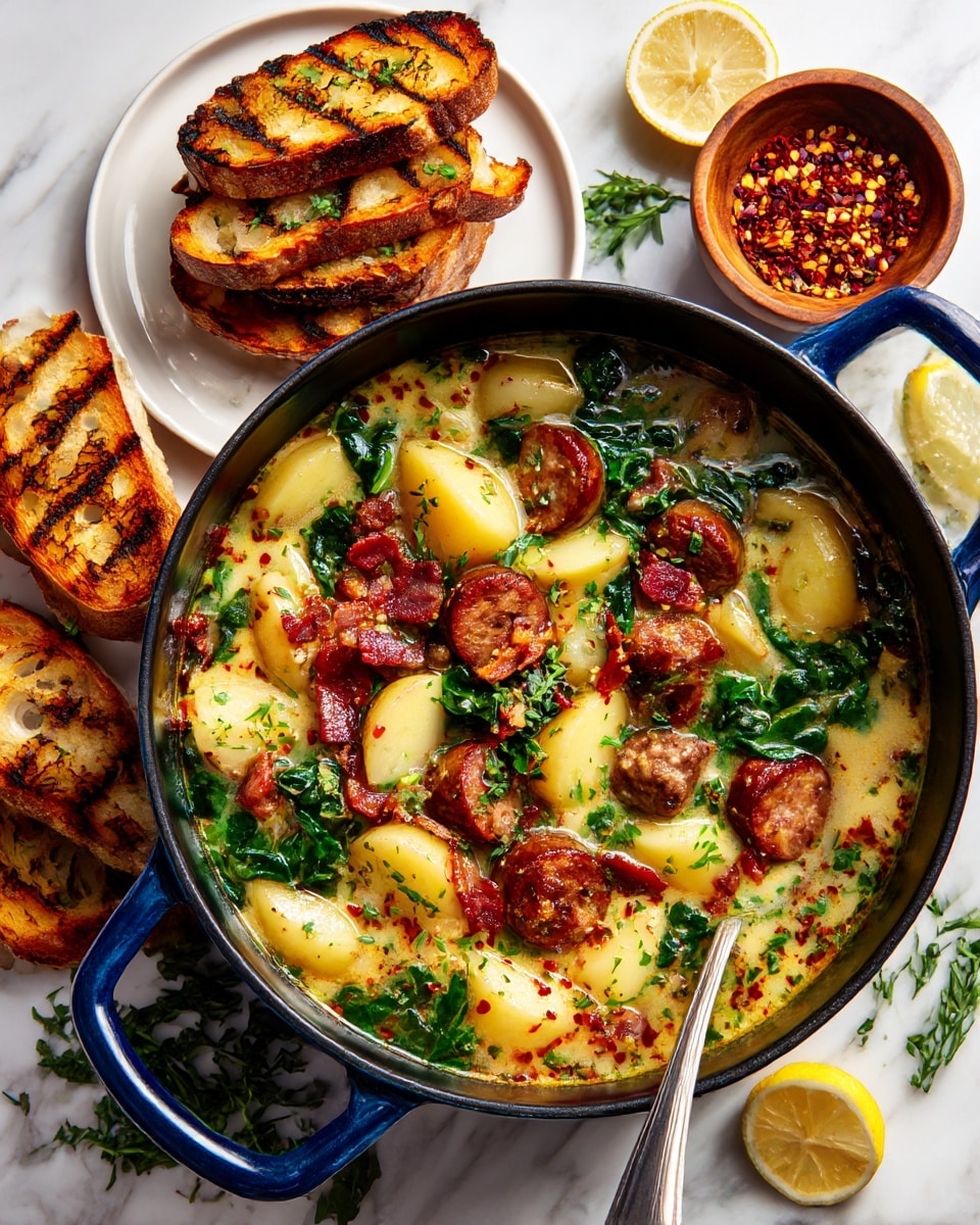 A large deep black pot with blue handles holds a creamy soup filled with sliced yellow potatoes, small browned sausage pieces, crispy bacon bits, green leafy greens, and a light broth with visible herbs and spices floating on top; the soup has a mix of soft textures and a warm, inviting color palette. Next to the pot are grilled bread pieces stacked on a white plate and a small wooden bowl filled with crushed red pepper flakes. The pot sits on a white marbled surface with some green herbs and lemon slices arranged loosely around it. A metal spoon rests inside the pot on the right side. photo taken with an iphone --ar 4:5 --v 7