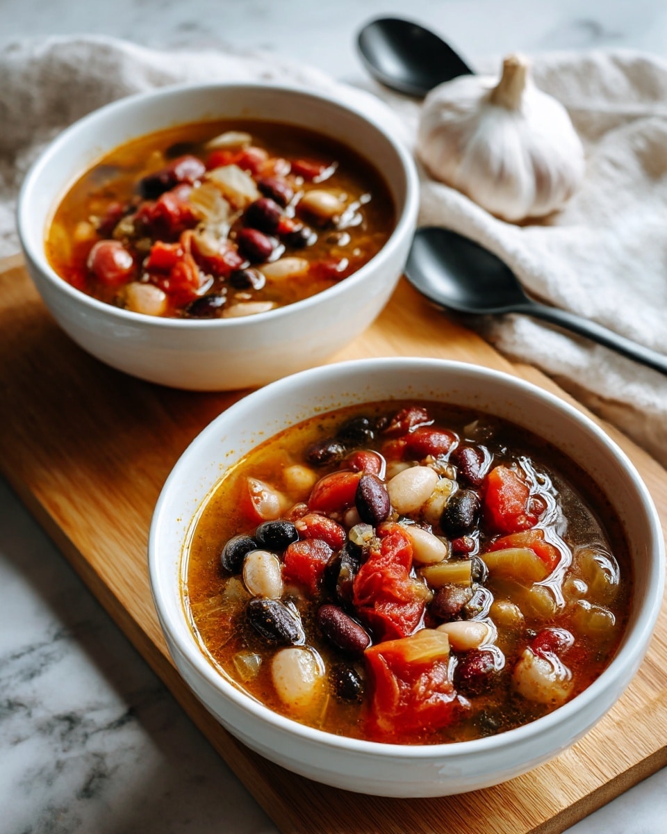 Two white bowls filled with thick soup made of many types of beans and small pieces of tomatoes and onions in a rich brownish broth. The soup has visible layers of different beans in shades of white, red, and black mixed evenly throughout. The bowls are placed on a wooden board with two black spoons and a light cloth with garlic blurred in the background on a white marbled surface. The overall texture of the soup looks soft and chunky with a warm, hearty appearance. photo taken with an iphone --ar 4:5 --v 7