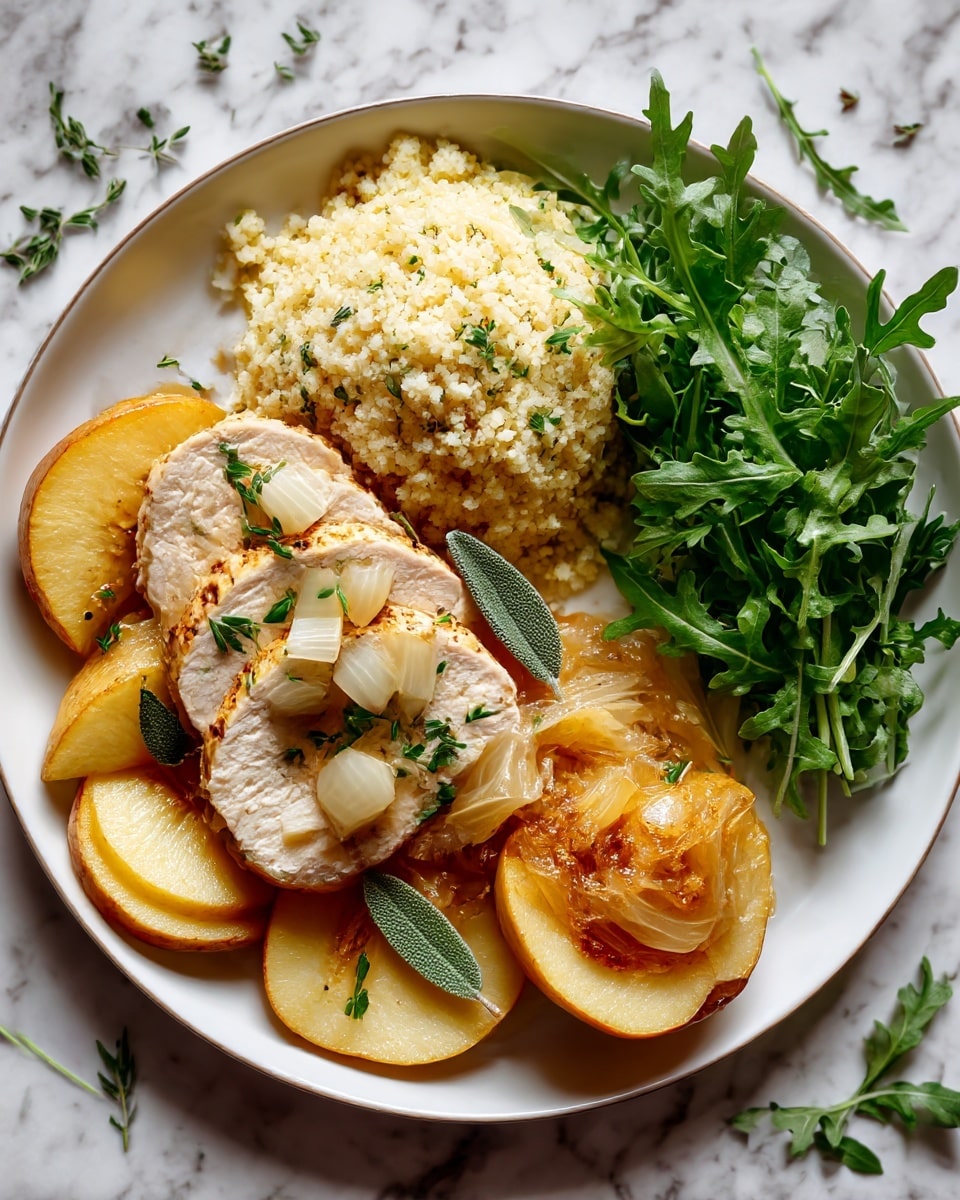 A white plate holds a simple dish with three main layers: at the bottom, there are light golden cooked apple slices scattered around; on top of the apples is a smooth, pale cooked chicken fillet, garnished with small pale onion pieces and green sage leaves; beside the chicken is a mound of soft, pale yellow couscous with tiny flecks of herbs and some onion pieces mixed in; a small bunch of fresh green arugula leaves sits to the right. The plate is placed on a white marbled surface with some fresh green herbs at the edges. photo taken with an iphone --ar 4:5 --v 7