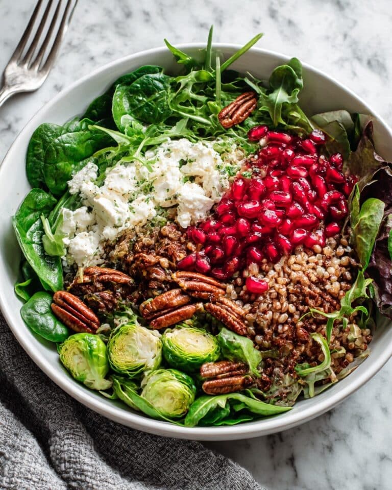 Fall Salad with Greens, Farro, Pomegranate, and Roasted Brussels Sprouts Recipe