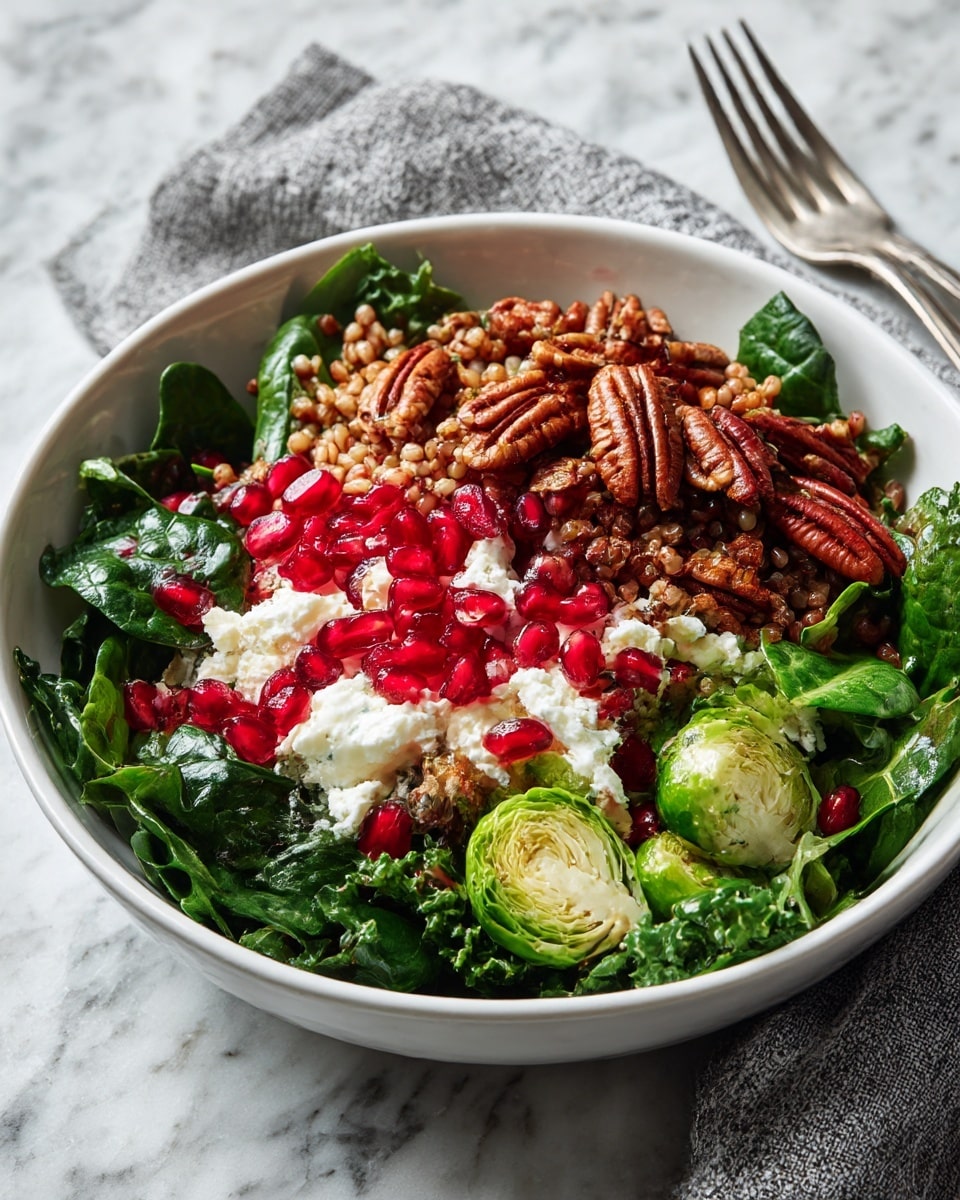 A white bowl filled with a layered salad sitting on a white marbled surface, the bottom layer is dark green leafy spinach and kale, topped with scattered light green sliced Brussels sprouts. Over these, there are small pieces of white crumbly cheese spread evenly, bright red pomegranate seeds scattered throughout, and mixed grain-like wheat berries covering the top. Brown pecans are placed among the grains, adding texture and color contrast. A gray textured napkin is partially visible in the background with a silver fork nearby. Photo taken with an iphone --ar 4:5 --v 7