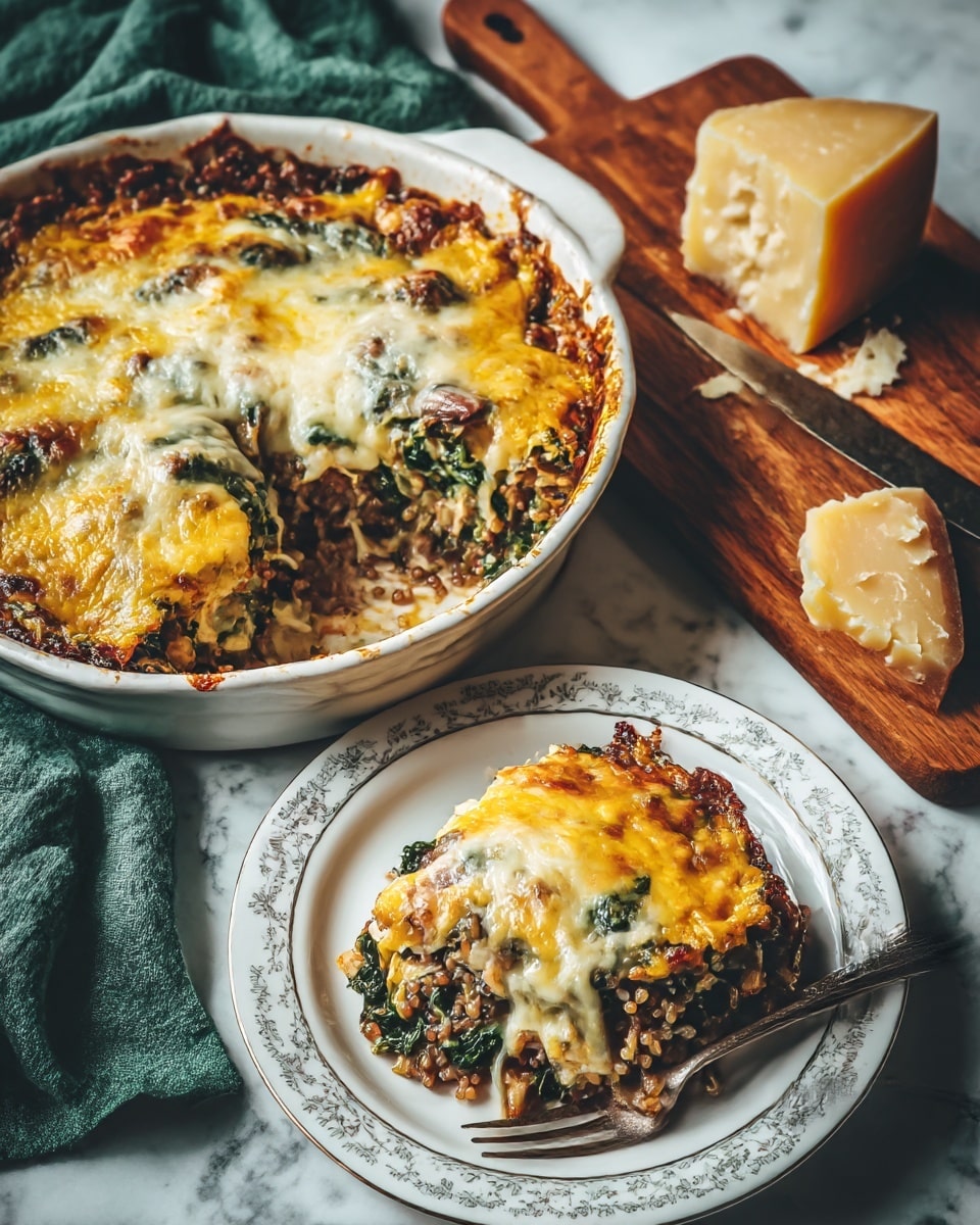 The image shows a baked dish with a top layer of golden-yellow melted cheese that is slightly browned and bubbly. Underneath the cheese, there are visible layers of mixed ingredients like mushrooms, grains, and greens, adding texture and a mix of earthy colors such as light brown, beige, and green. The dish is served in a round white ceramic baking dish, partially visible at the bottom of the image, and a single serving piece is placed on a white plate with a delicate pattern along the rim. The plate rests on a white marbled surface and to the side, there is a green cloth and a wooden board with a piece of pale yellow cheese. The scene is softly lit and has a warm, cozy feeling. photo taken with an iphone --ar 4:5 --v 7