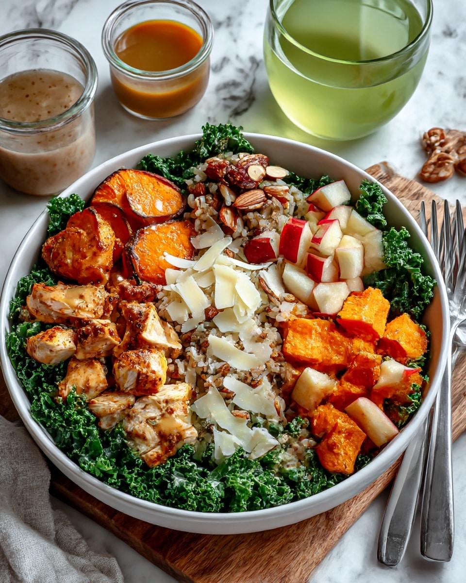 A white bowl filled with layers of food sitting on a white marbled surface with a wooden board underneath; the first layer is bright green kale spread around the bowl. On top of the kale, there are juicy-looking pieces of seasoned cooked chicken placed on one side. Next to the chicken, there are roasted sweet potato slices with a deep orange color and soft texture. Chopped red apple cubes add a pop of color near the chicken. There is a section of cooked brown rice mixed with bits of mushrooms, topped with thin white cheese shavings. Scattered on top are small pieces of almonds adding texture. The whole dish looks fresh and colorful. Nearby, there is a glass of light green liquid, a small glass container with brown sauce, and metal forks visible, with the scene bright and clear. photo taken with an iphone --ar 4:5 --v 7