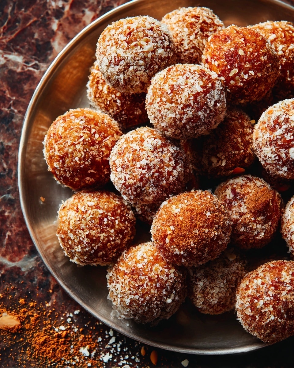 A close-up of a round metal plate filled with about twenty small, round balls coated in a mix of white sugar and brown cinnamon powder, giving each ball a grainy texture and a warm brown color with white specks. Some sugar and cinnamon powder are scattered lightly on the plate and on the dark brown marbled surface around it. Each ball is roughly the same size and tightly packed, covering the whole plate. Photo taken with an iphone --ar 4:5 --v 7