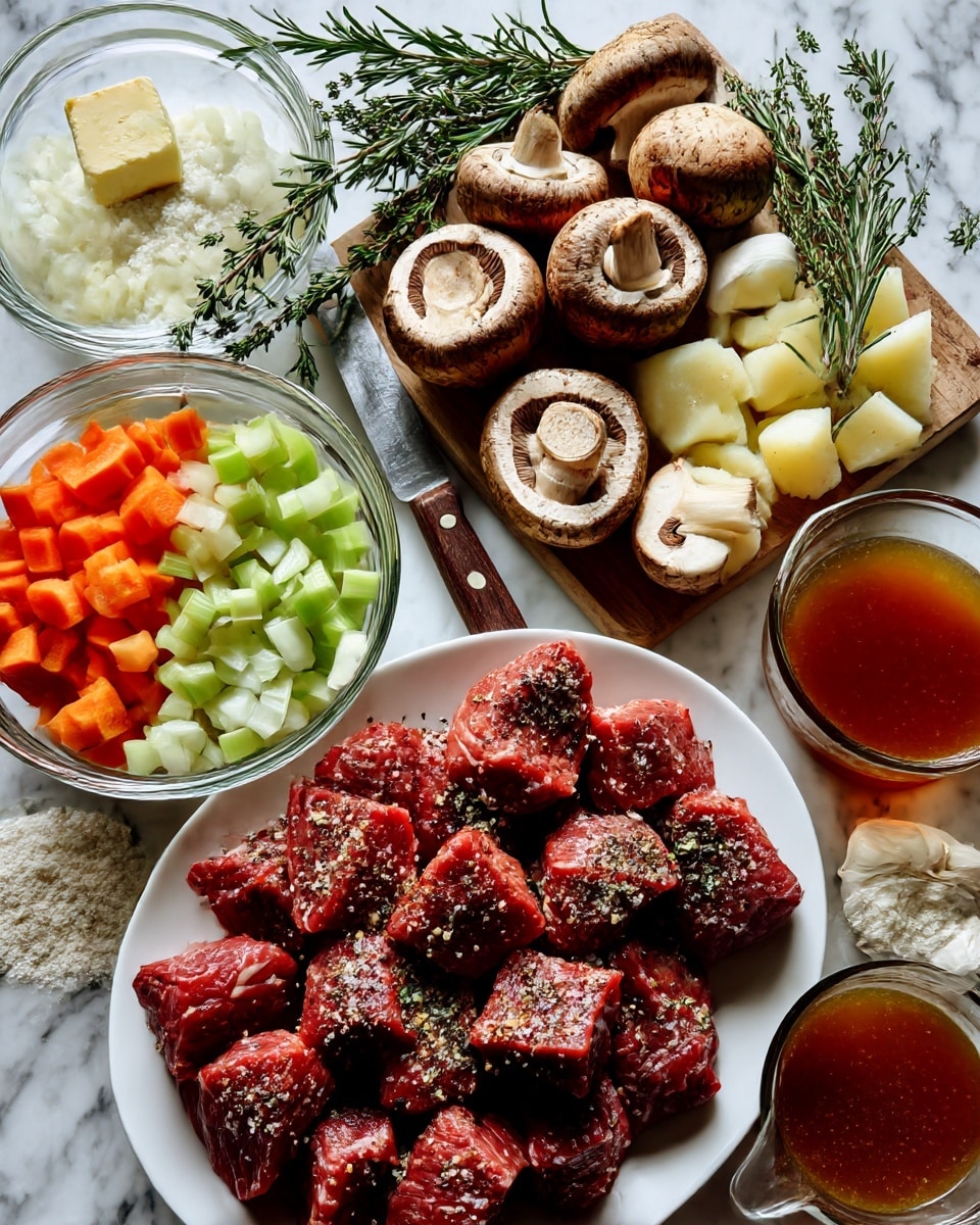 The image shows a top view of ingredients preparing for a meal on a white marbled surface. At the bottom right, there is a white plate filled with thick, dark red chunks of raw meat sprinkled with coarse salt and black pepper. Above it, fresh green sprigs of rosemary and thyme lay next to a woman’s small wooden cutting board. On the board are whole and sliced brown mushrooms, with a knife with a wooden handle placed beside them. Surrounding these central elements are clear glass bowls holding chopped white onions, bright orange diced carrots, light green diced celery, and pale yellow cubed potatoes. Nearby, a small bunch of peeled garlic cloves, a glass bowl filled with white flour, a bottle of butter, a small measuring cup filled with a brown liquid broth, and two colorful tubes of tomato paste are visible. Photo taken with an iphone --ar 4:5 --v 7