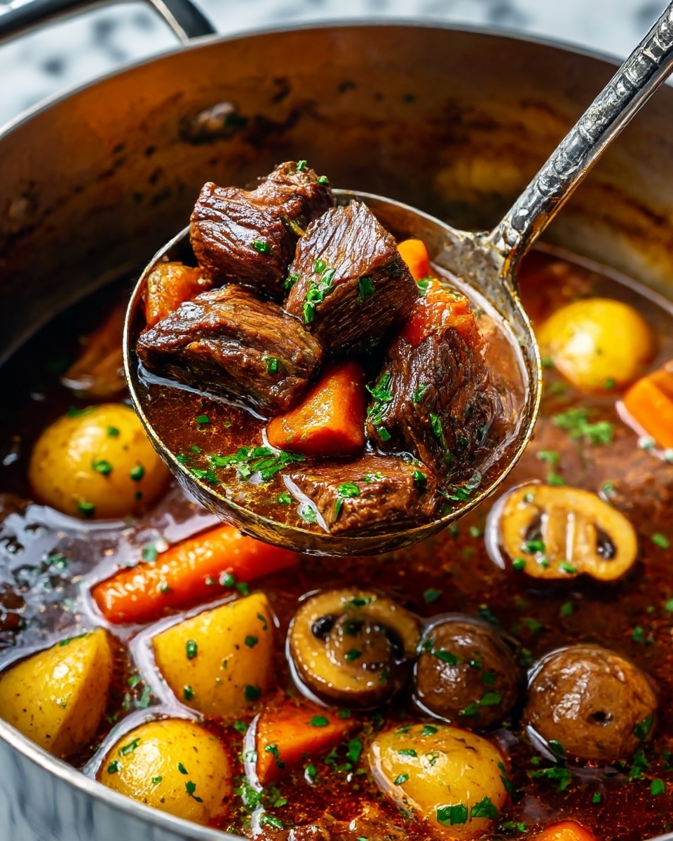 The image shows a close-up of rich brown beef stew filled with chunky pieces of browned beef, orange carrot slices, light yellow potatoes, and whole sliced mushrooms, all floating in a thick brown broth speckled with small green herb bits, likely parsley. The stew is being lifted by a silver ladle from a pot, showing layers of tender meat and vegetables covered in sauce with a glossy texture. The background consists of the same stew, filling the pot, all placed on a white marbled surface. photo taken with an iphone --ar 4:5 --v 7